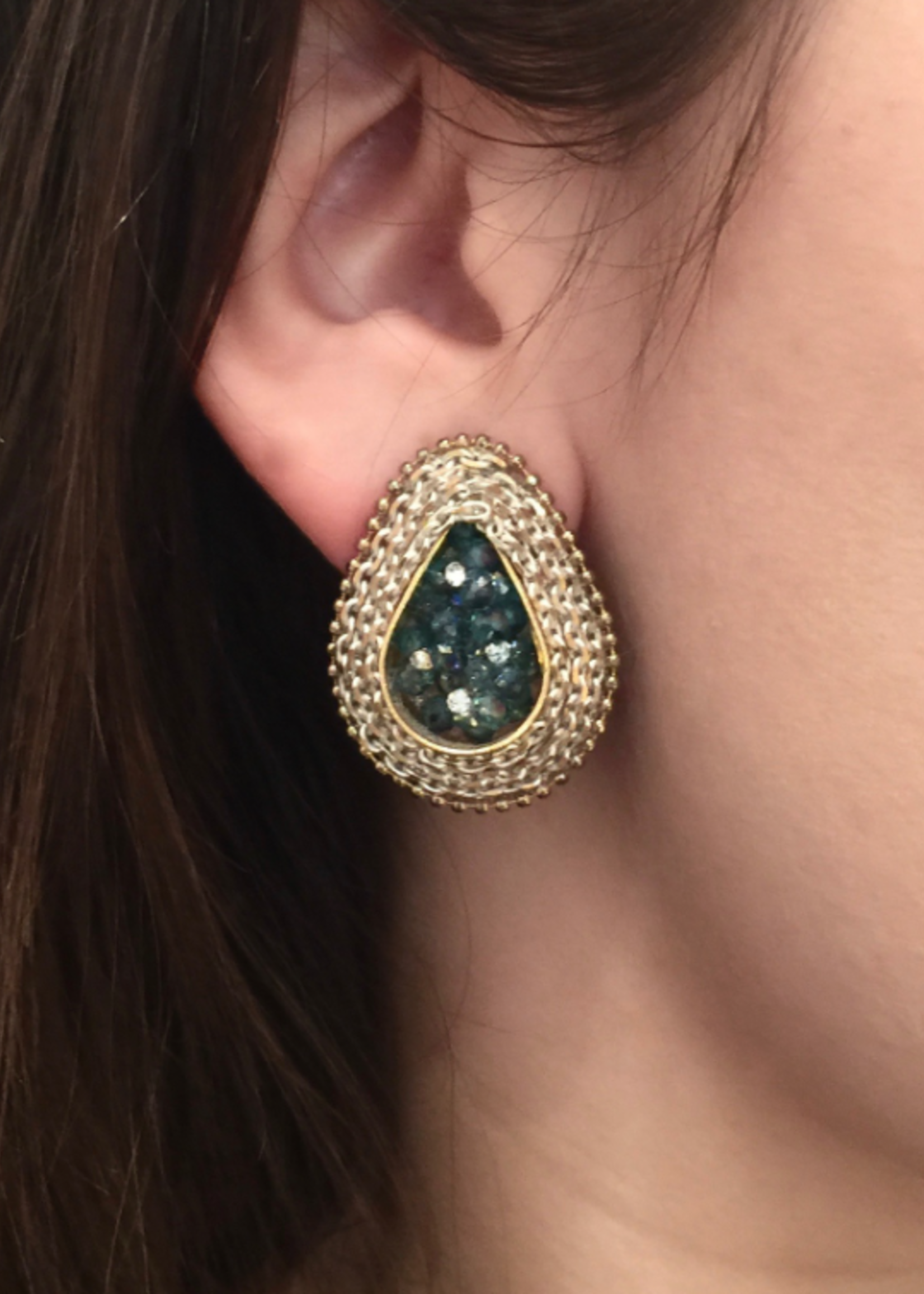 Olivine & Chrysolite Crystal Bead Center Teardrop Cluster W/ Oxide White Brass Chain Surround & Sterling Post