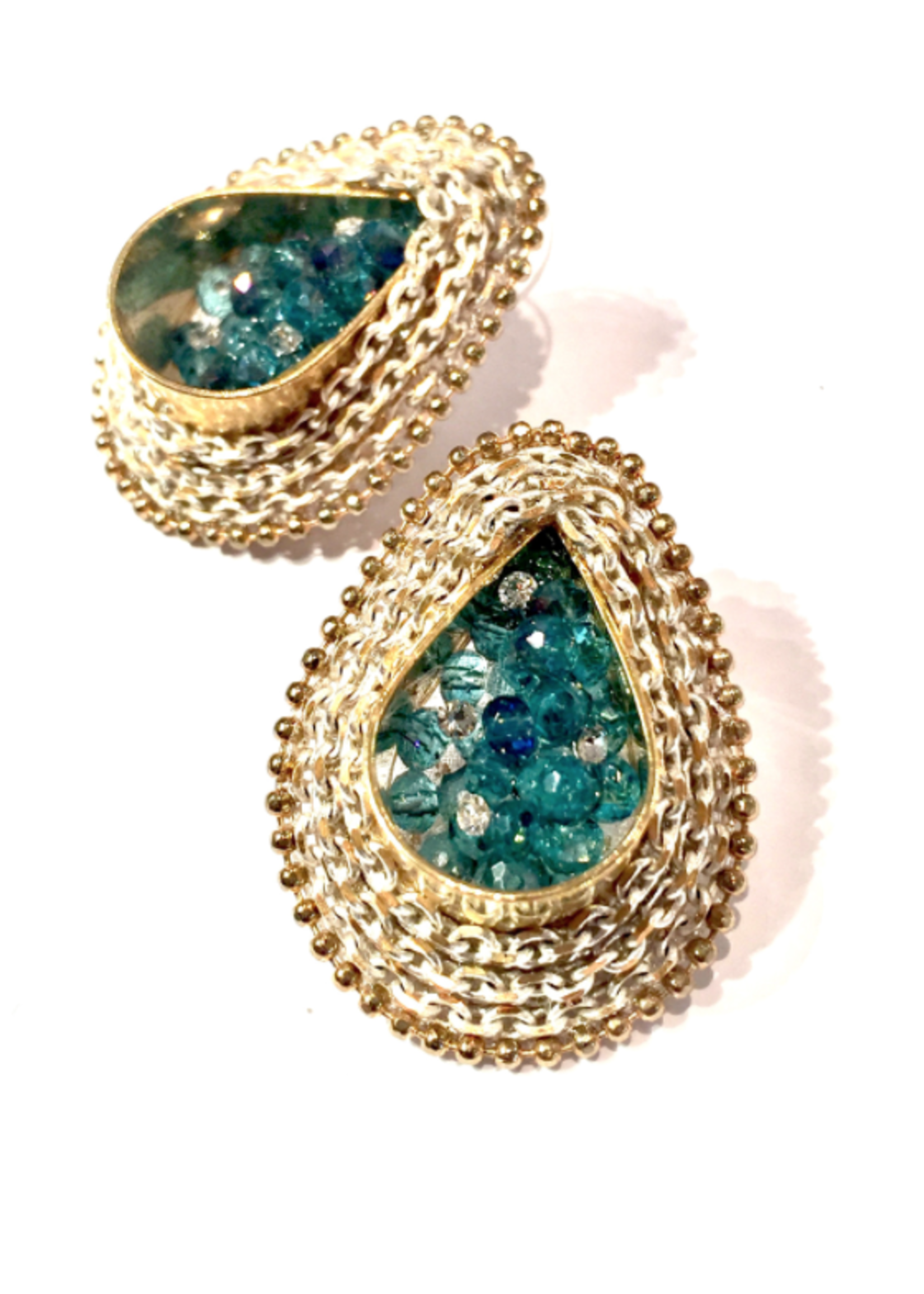Olivine & Chrysolite Crystal Bead Center Teardrop Cluster W/ Oxide White Brass Chain Surround & Sterling Post