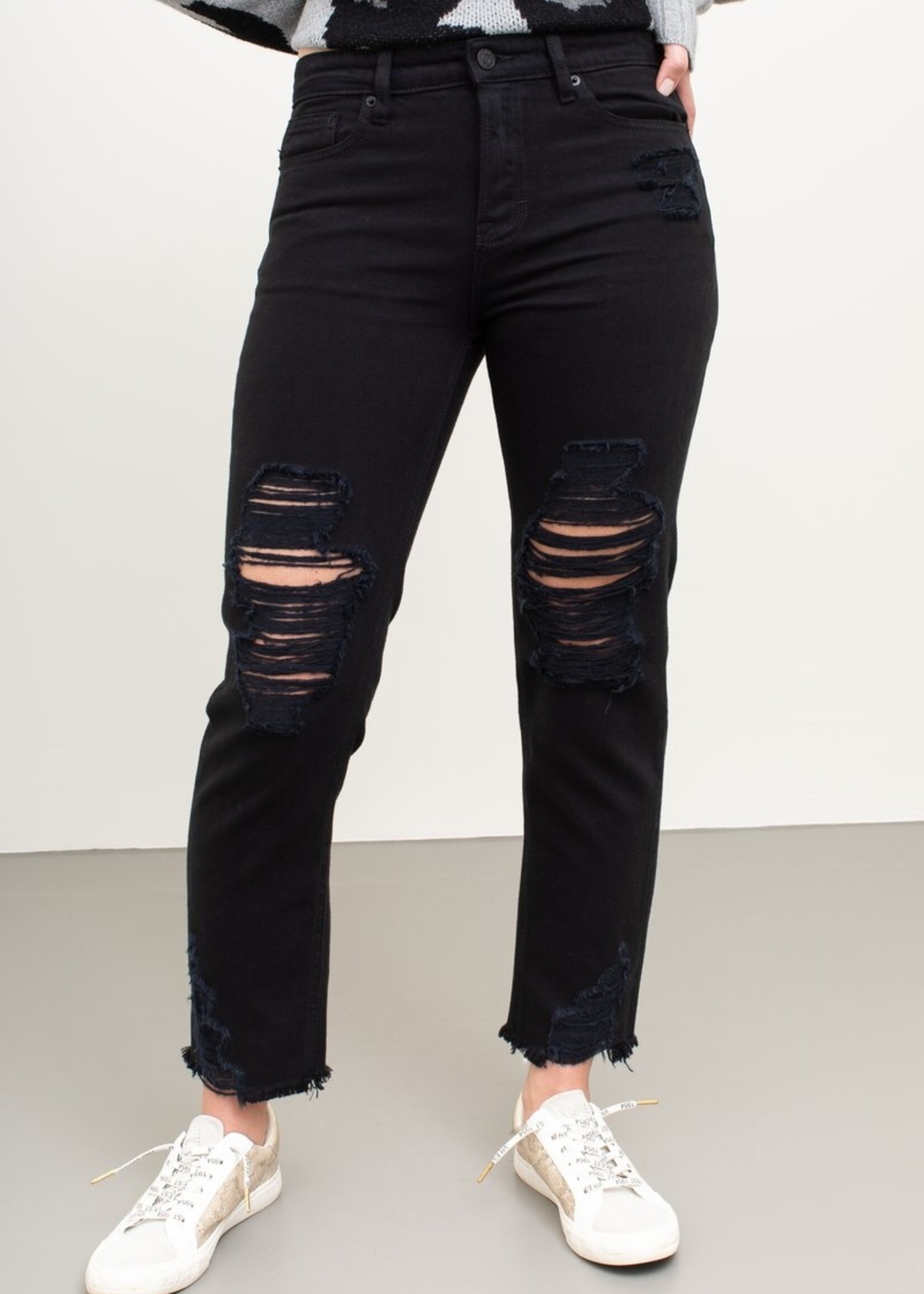Bailey Black Distressed Boyfriend Jean W/ Frayed Bottom