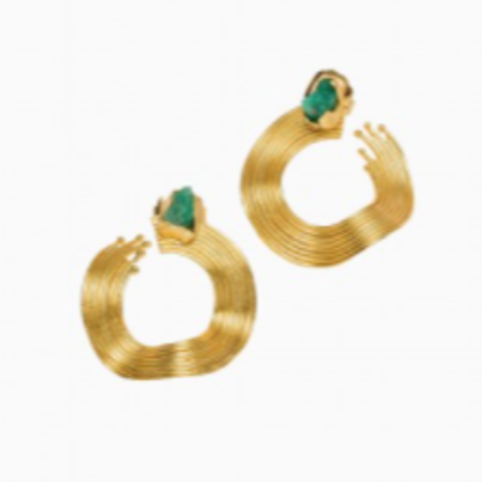 Gold Plated Brass Open Mini Wave Earrings W/ Emerald