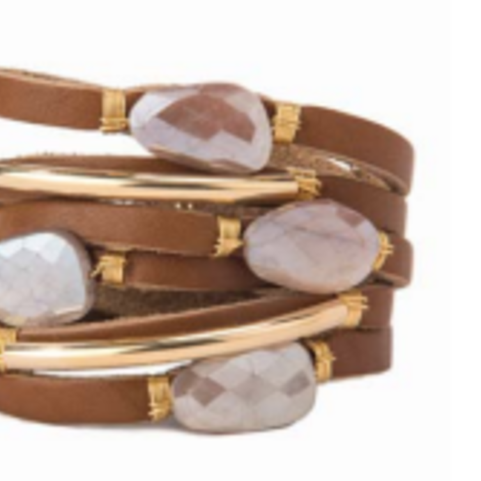 Gia - RIch brown colored horween leather, 14k gold filled tubes, blush chalcedony, snap back for easy fit
