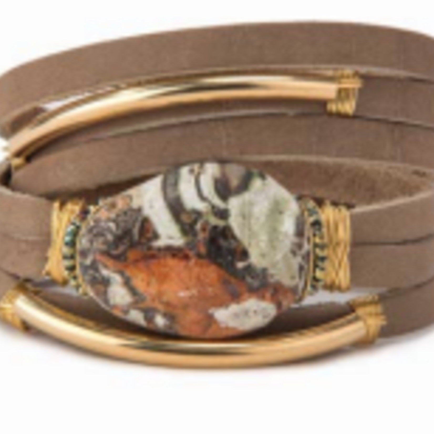 JASPER- Taupe colored horween leather, 14k Gold filled tubed, with orange jasper, snap back