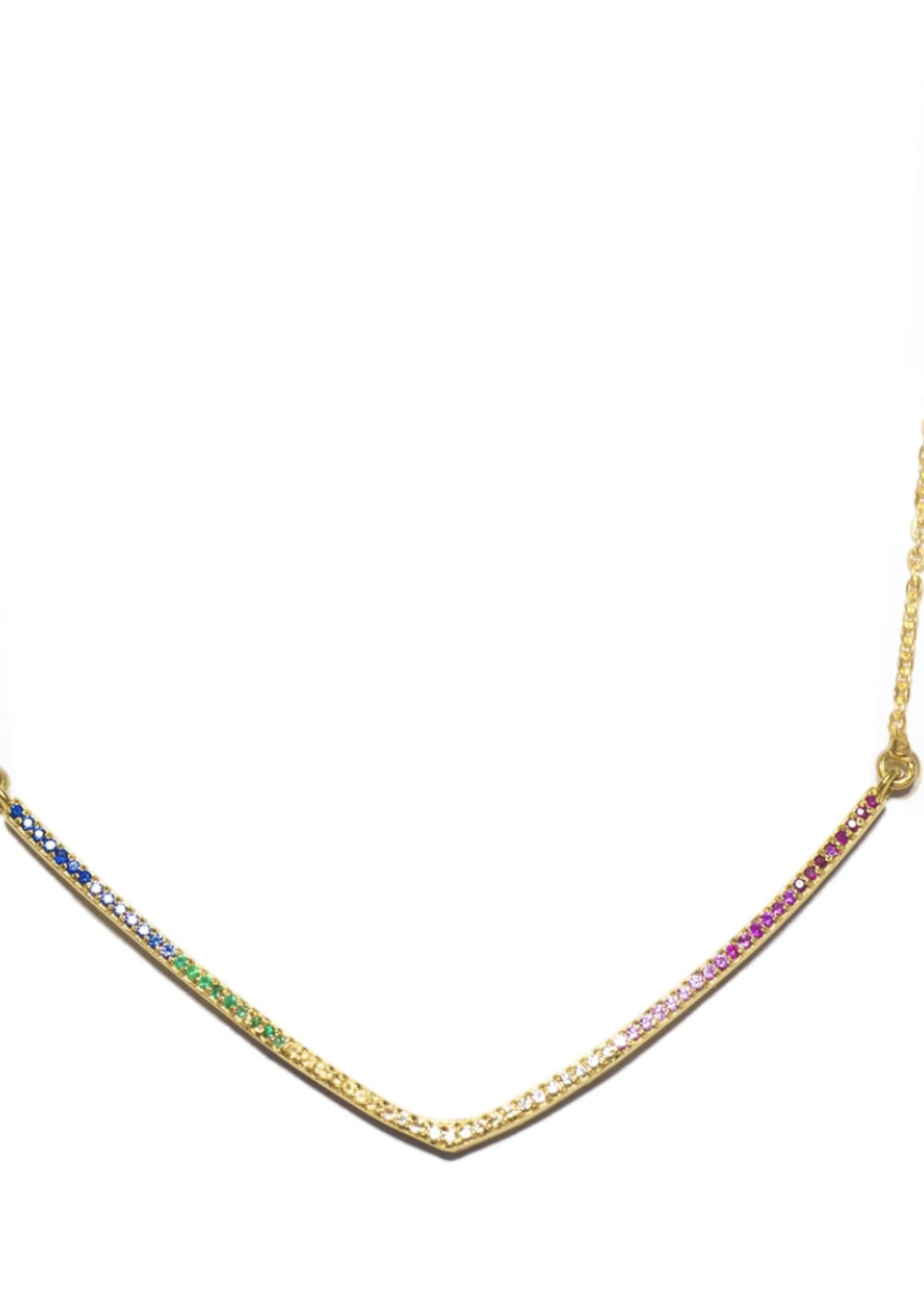 Large V Pendant Rainbow - 18K GV Emerald, Blue Sapphire, Green Sapphire, Orange Sapphire, Yellow Sapphire, Pink Sapphire, Ruby