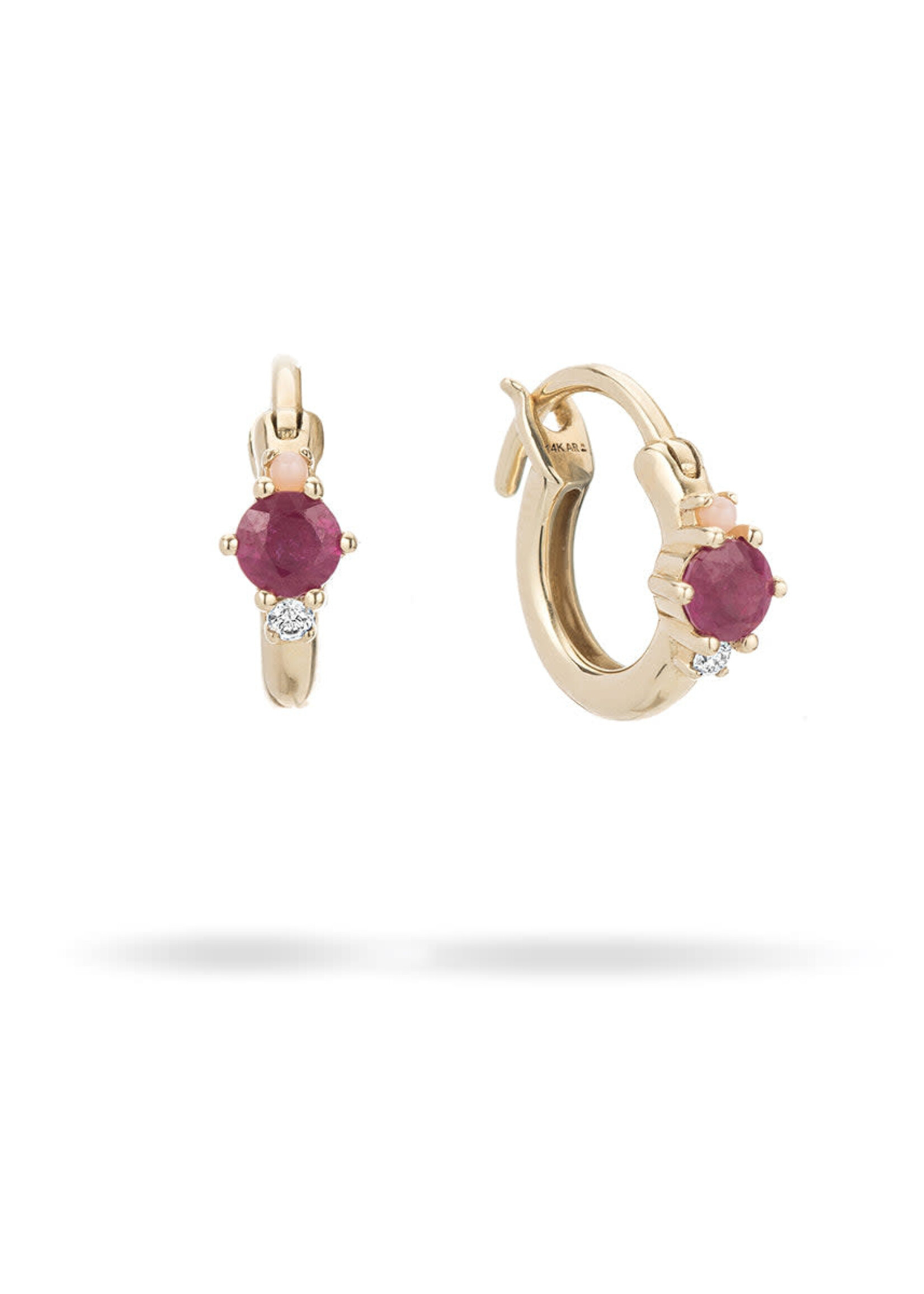Amalfi Ruby + Diamond + Pink Opal Huggie Hoops Y14