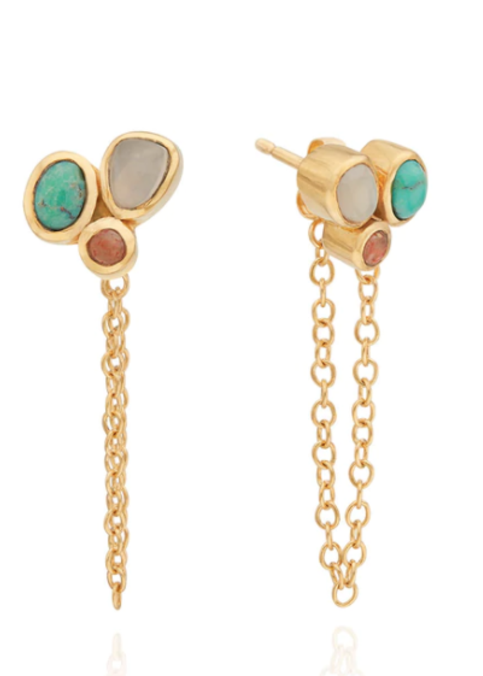 Oasis Cluster Stone Chain Earrings - Turquoise, Sunstone, Moonstone