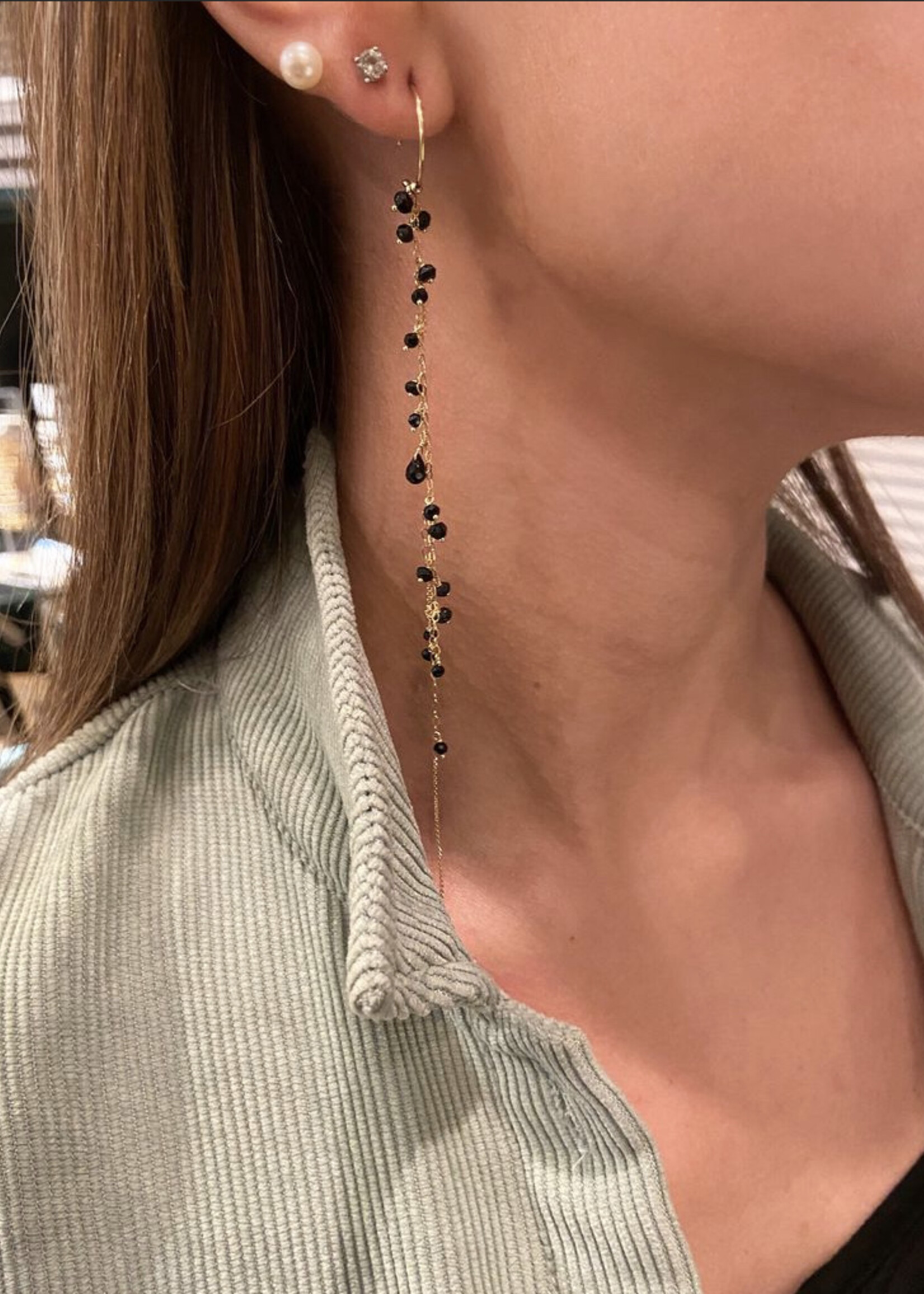 Long 18ct Gold Pogo Punk Black Spinel Trace Chain Single Earring