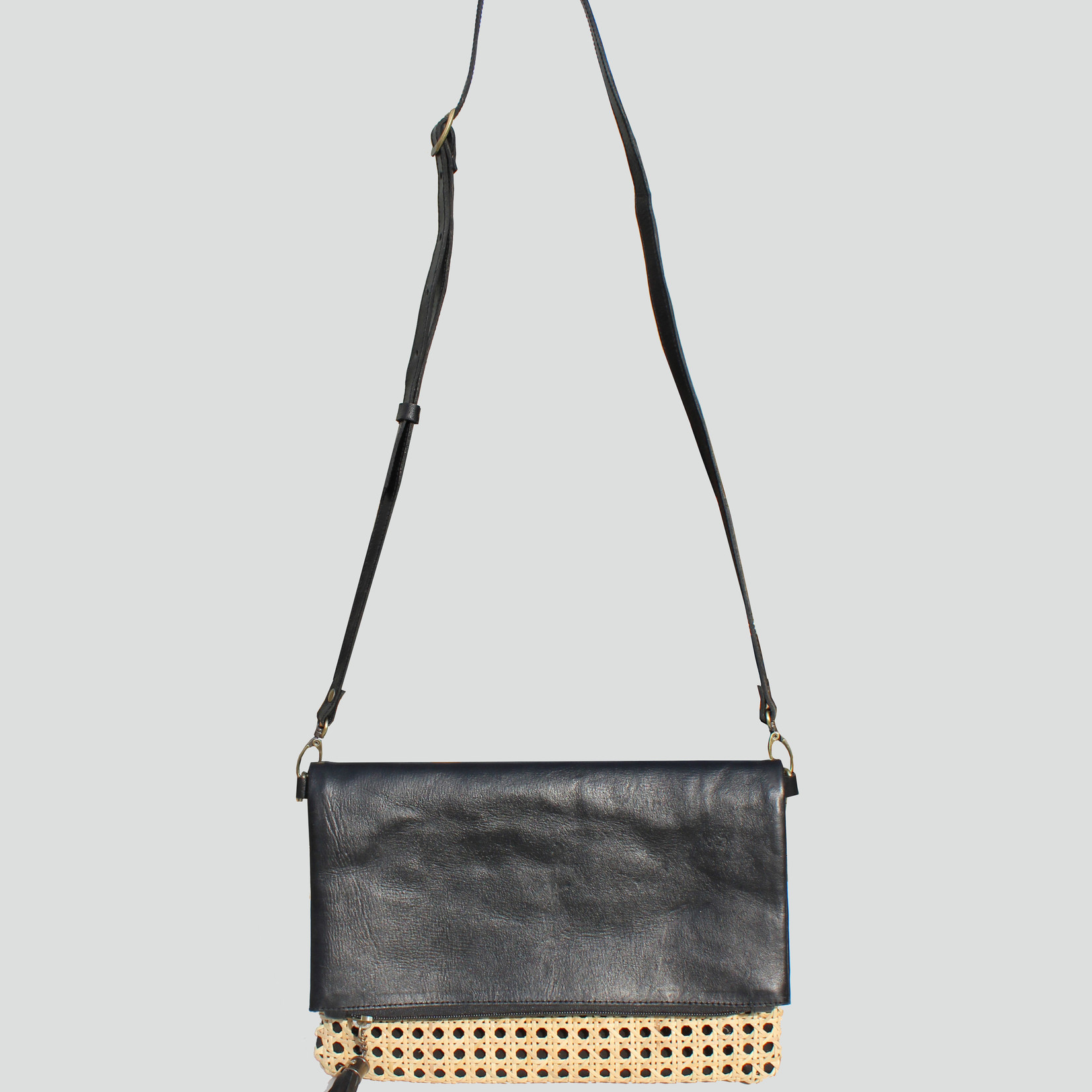 Bakti Black Faux Leather & Wicker Crossbody