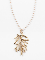 Gold Coral Pendant w/ White Beaded Chain 37"
