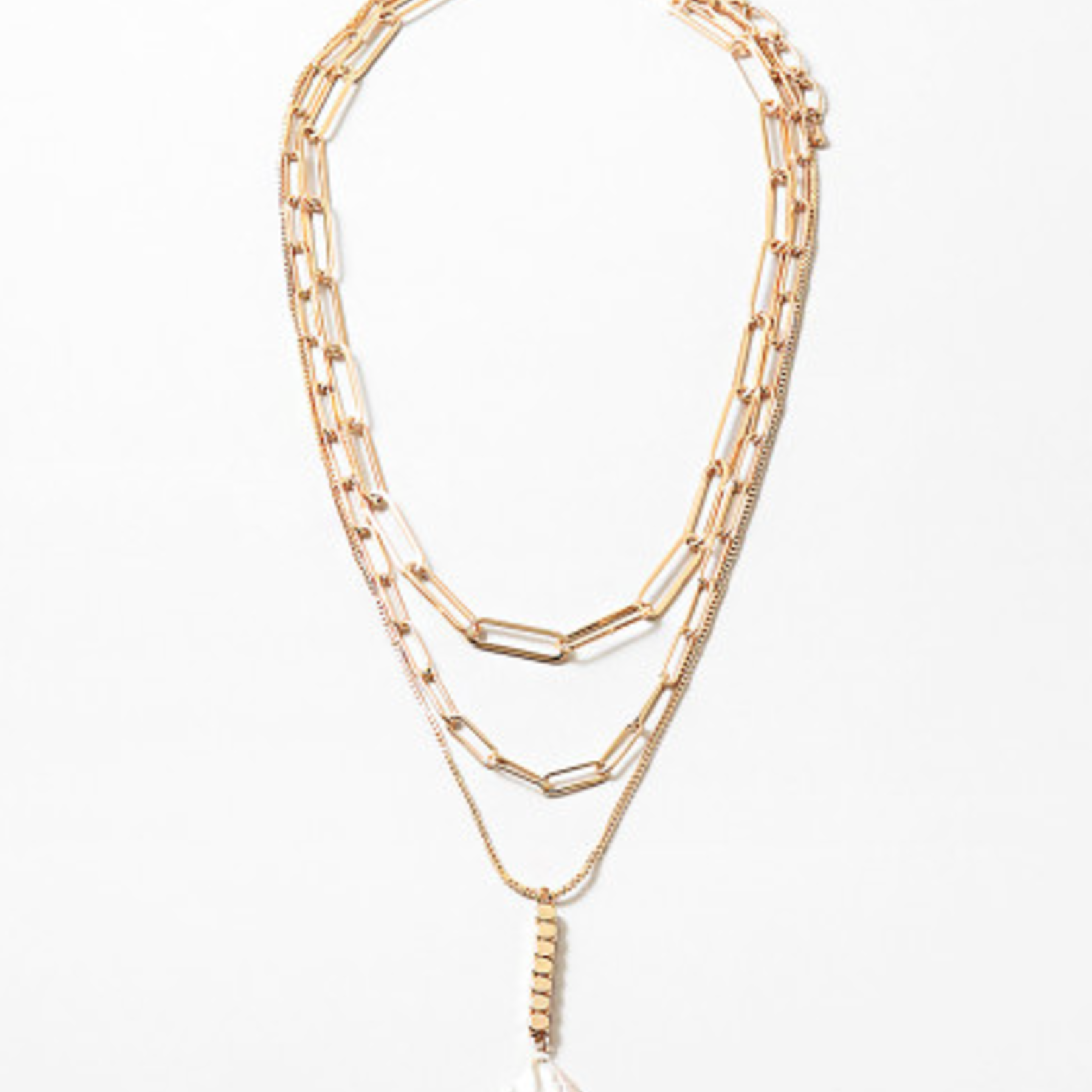 Gold 3 Layer Paperclip Chain Pearl Drop Necklace