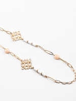 37" Gold Chain Necklace W. White Beads, Clover Filigree & Blush Accent Stones