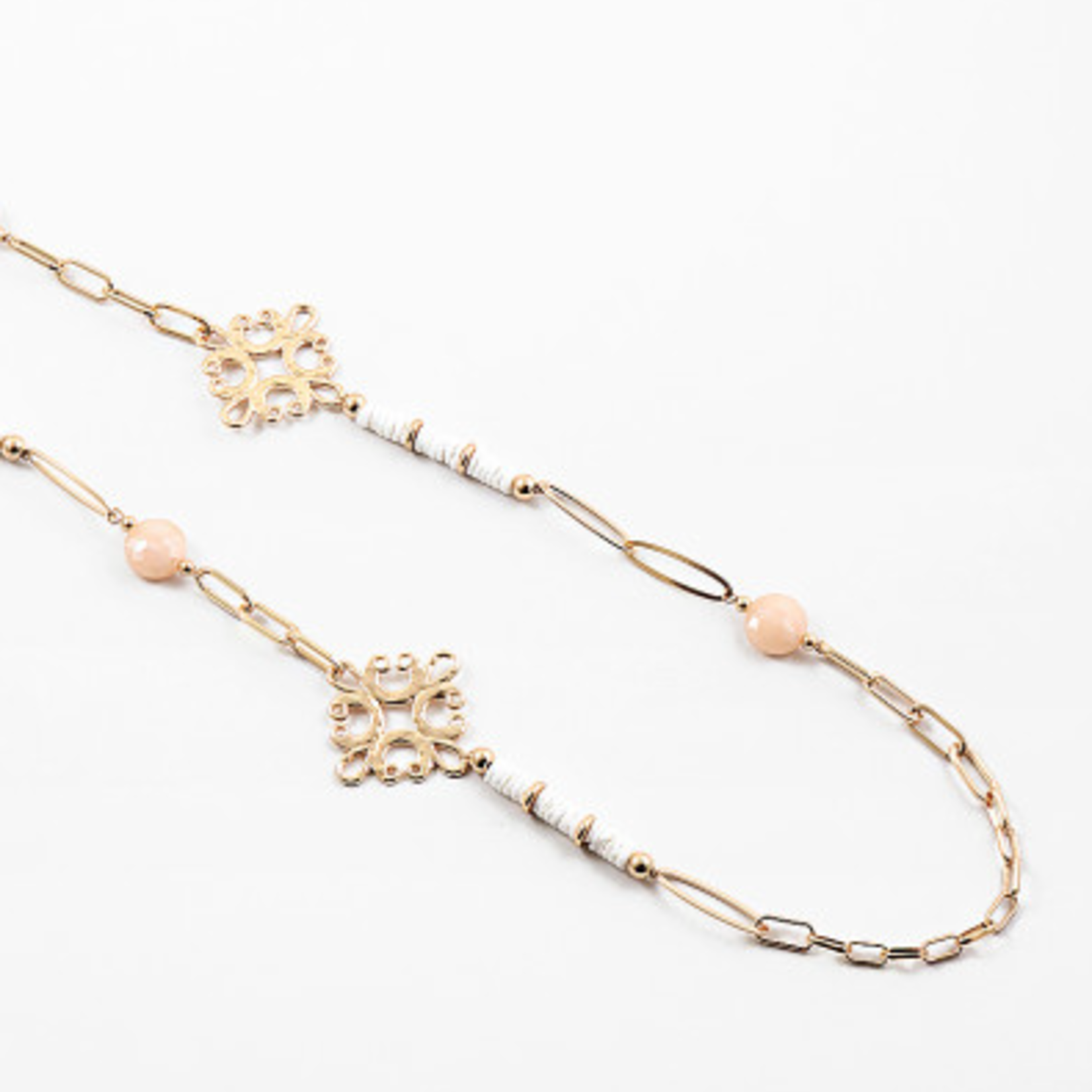 37" Gold Chain Necklace W. White Beads, Clover Filigree & Blush Accent Stones