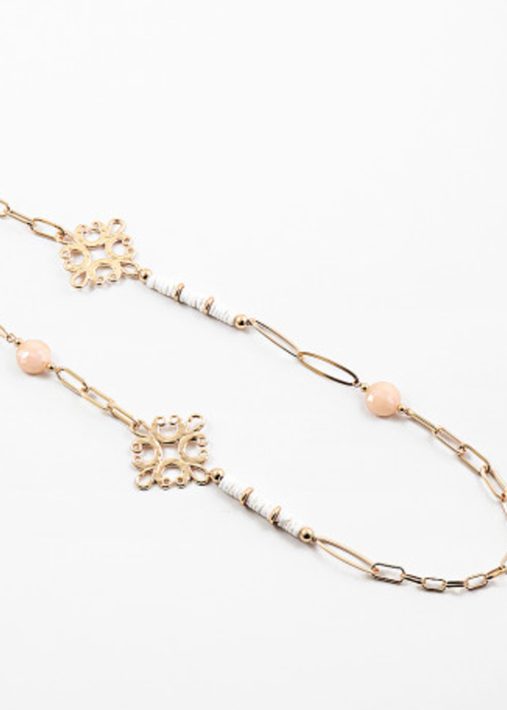 37" Gold Chain Necklace W. White Beads, Clover Filigree & Blush Accent Stones