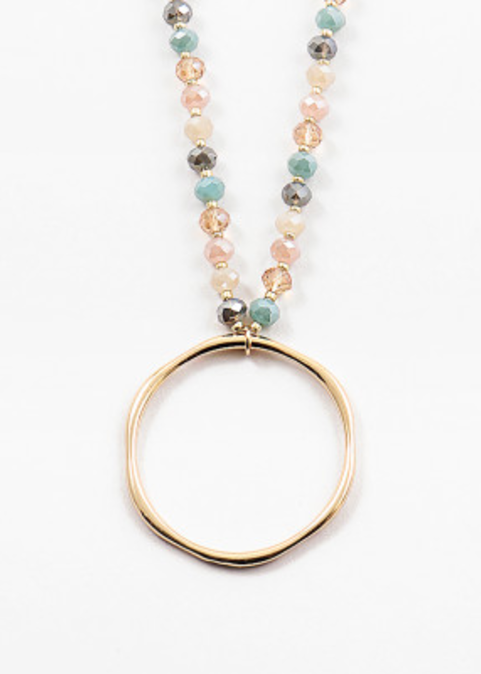 37" Crystal Bead Necklace W/ Irregular Circle Pedant