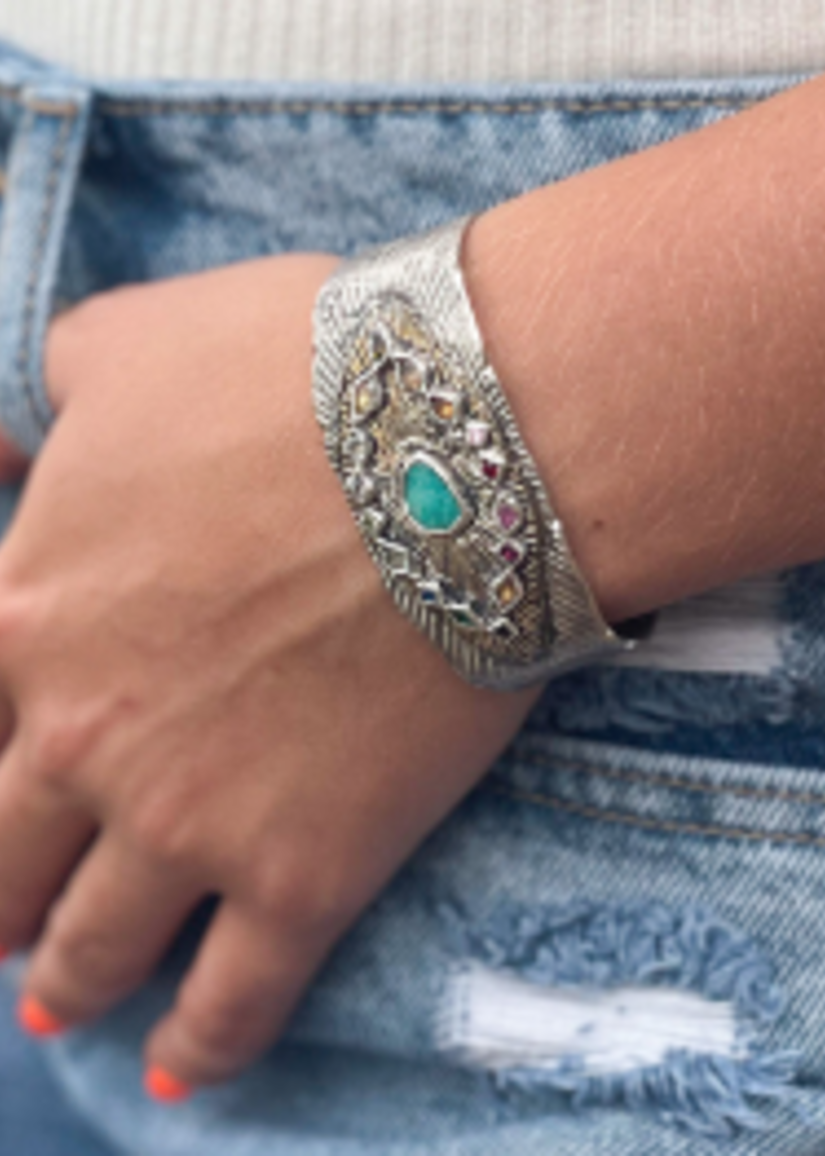 Cuff of sterling silver/bronze accent/center stabilized green jade/blue sapphire/emerald/swiss blue topaz/rare green tourmaline/peridot/iolite/aquamarine/yellow sapphire/green tourmaline/orange sapphire/citrine/pink tourmaline/plum tourmaline/orange