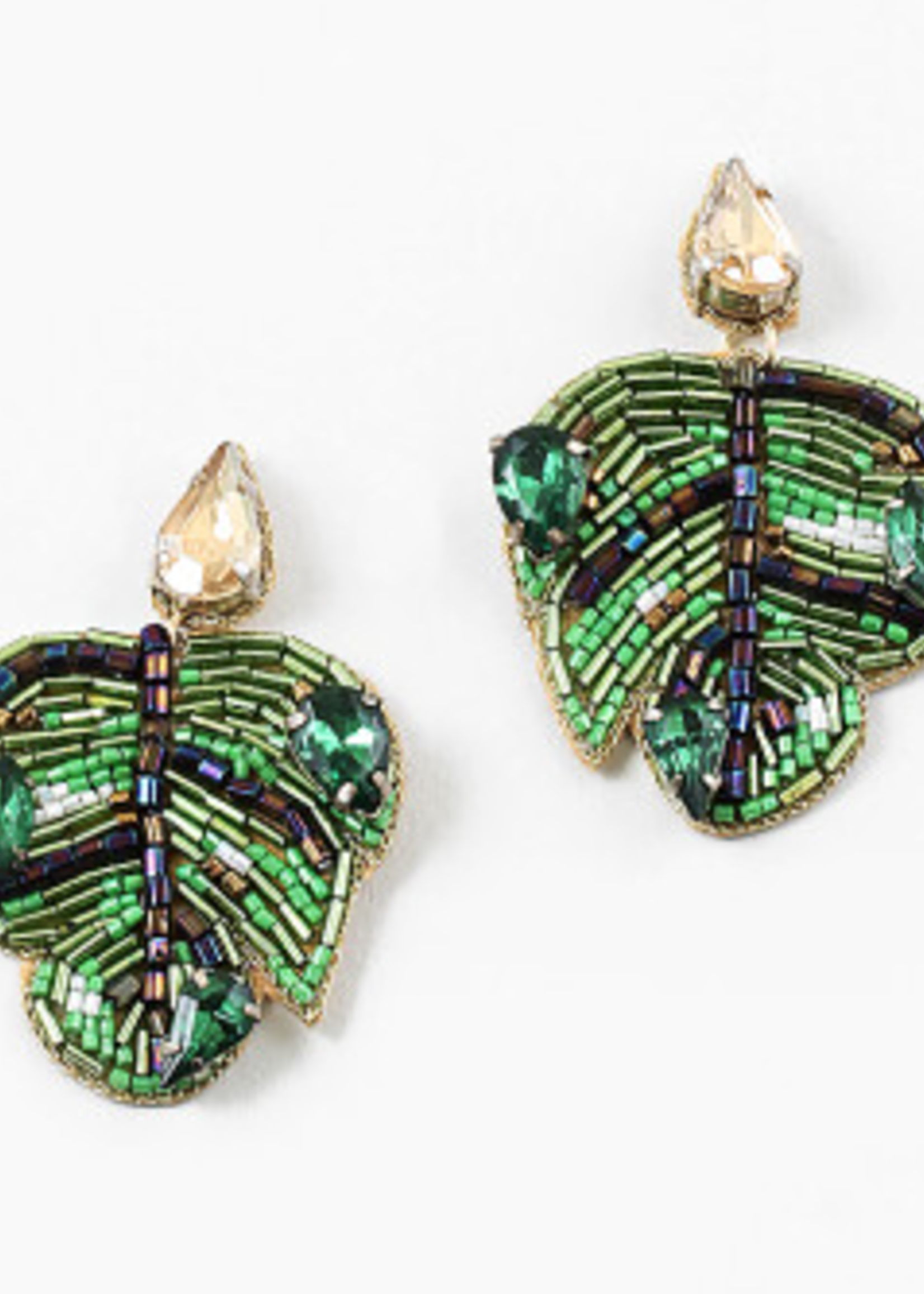 Beaded Monstera Earrings w/ Crystals