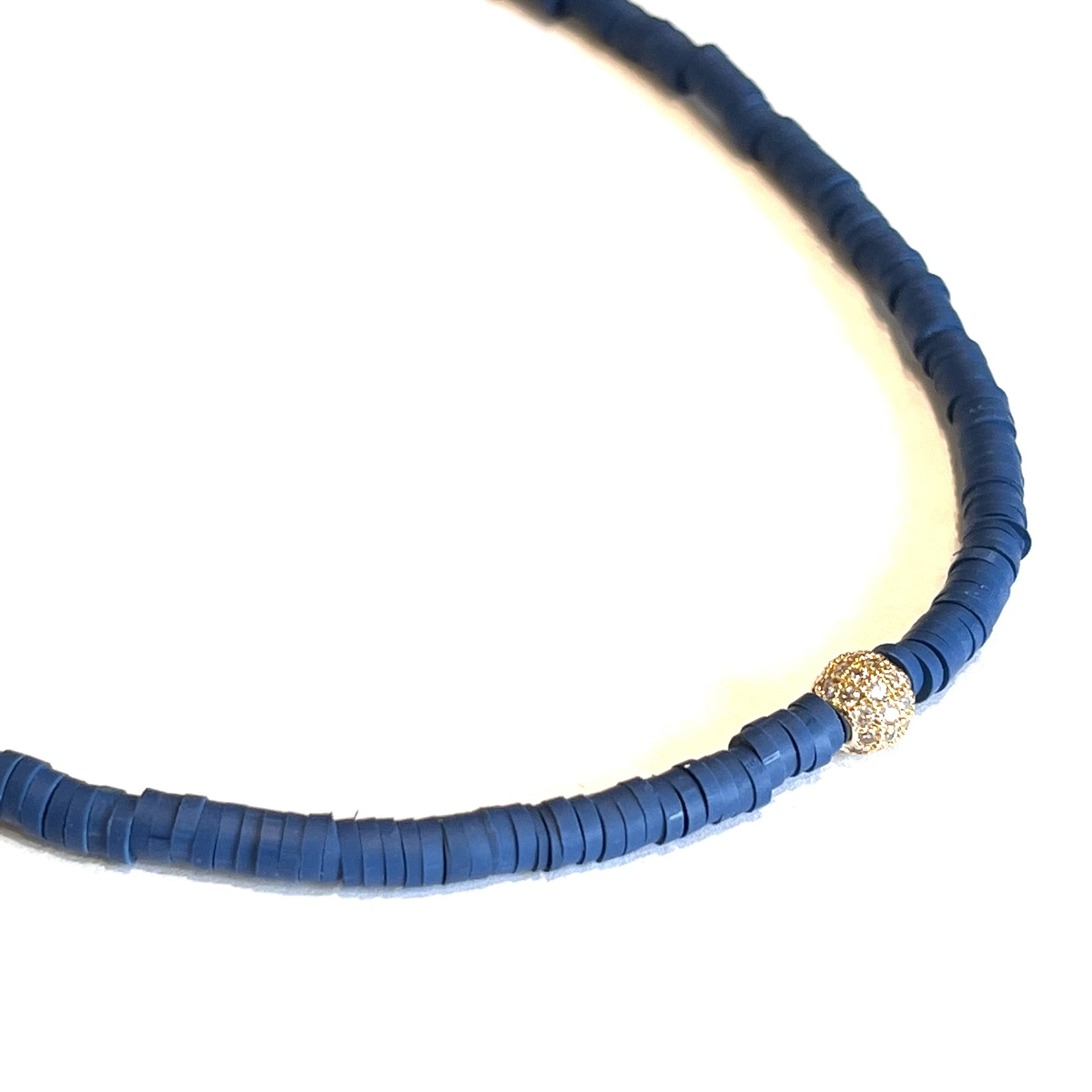 Navy Rubber Disc Bead Necklace w/ CZ Ball