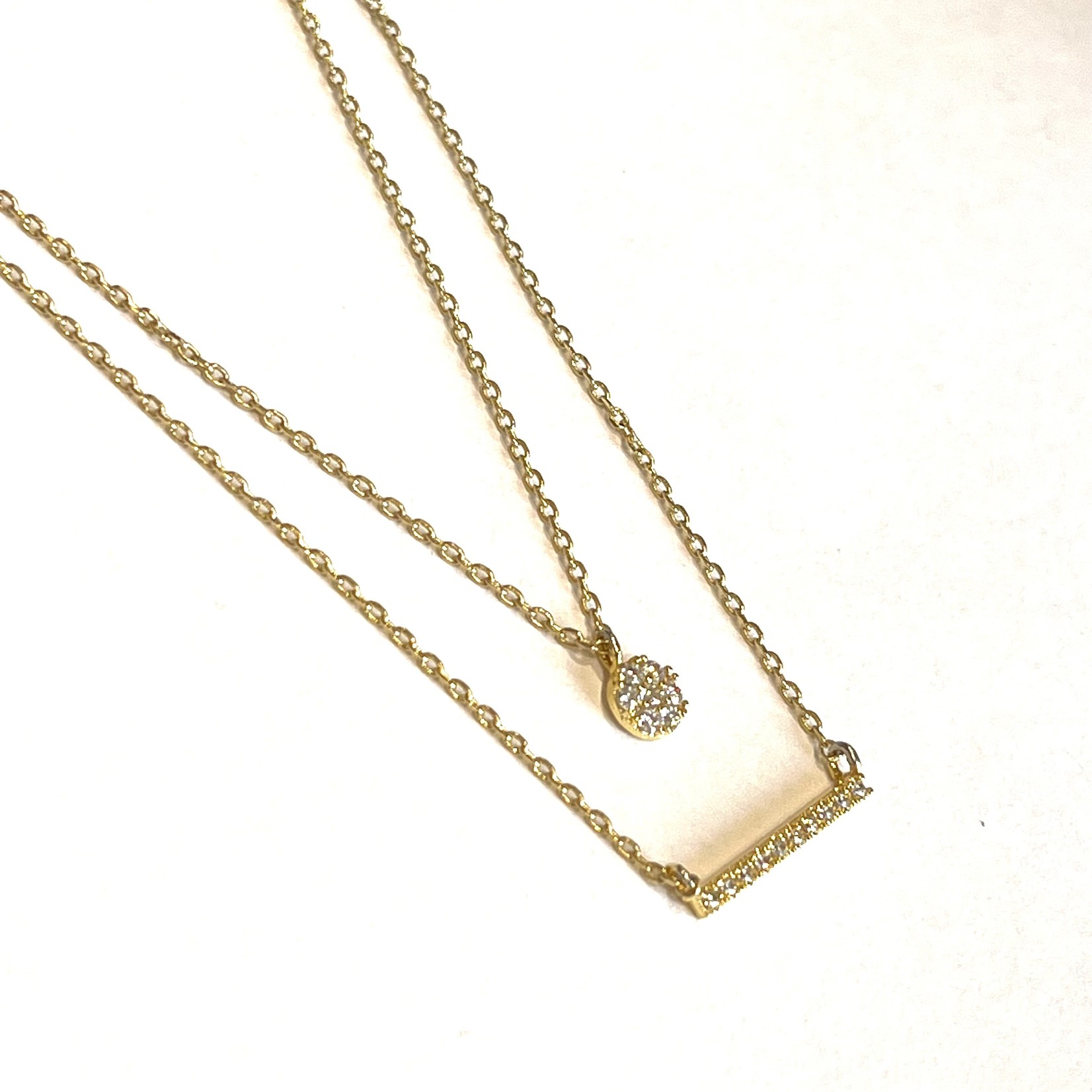Gold double layer necklace w/ CZ disc and CZ bar