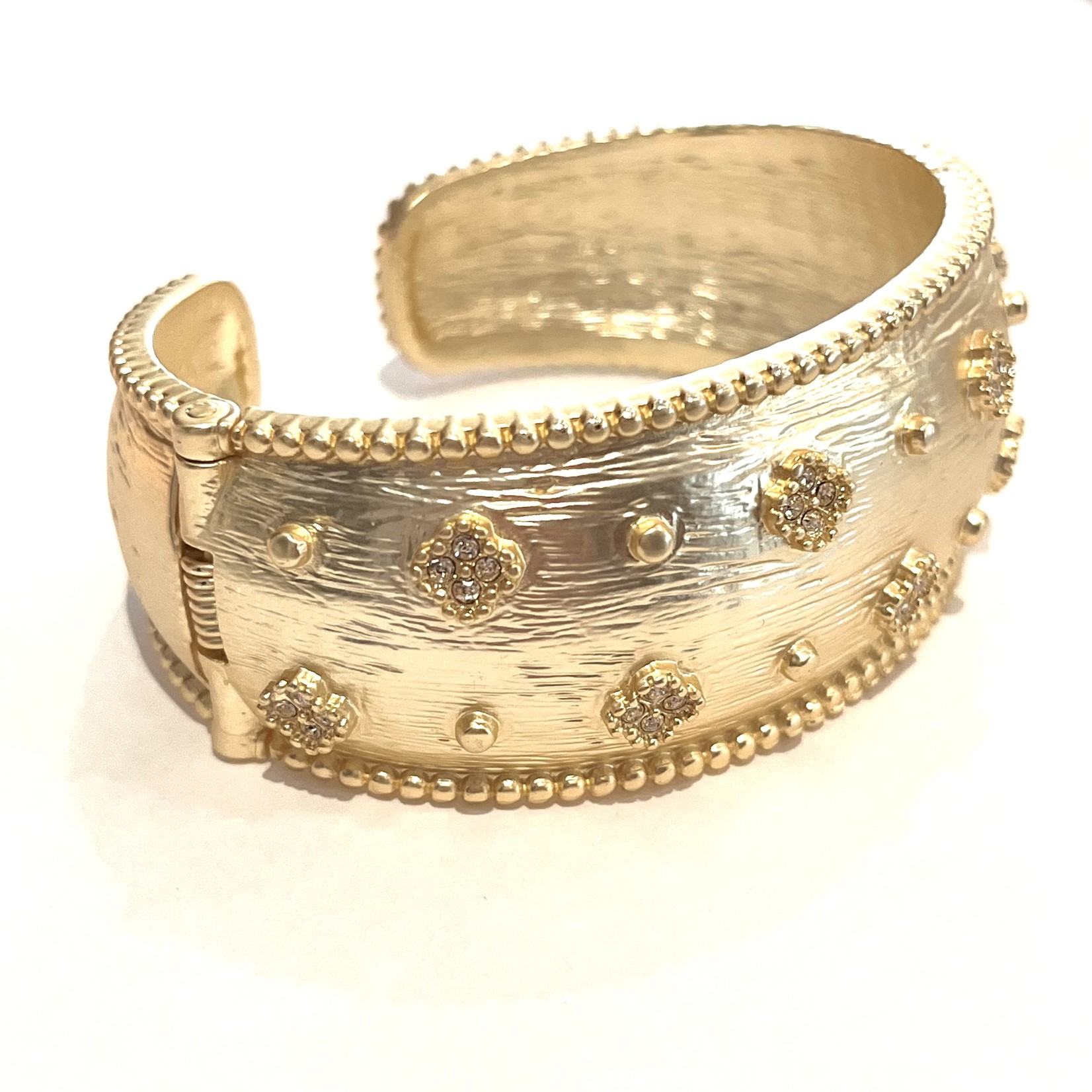 Chunky Gold Hinge Cuff W/ CZ Clover Accents