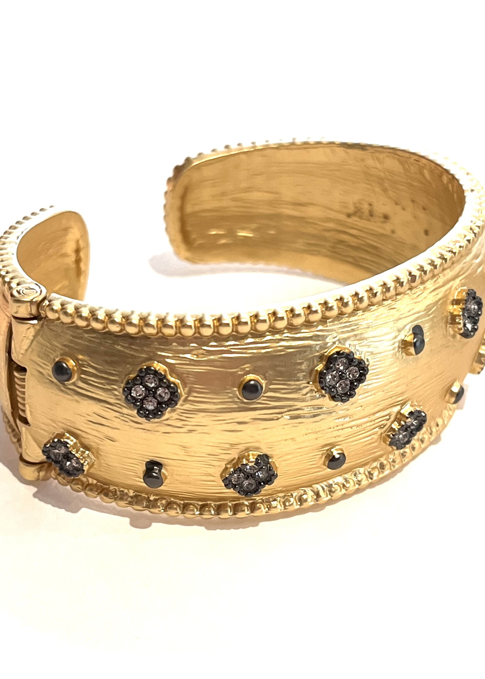 Chunky Gold Hinge Cuff W/ Black CZ Accents
