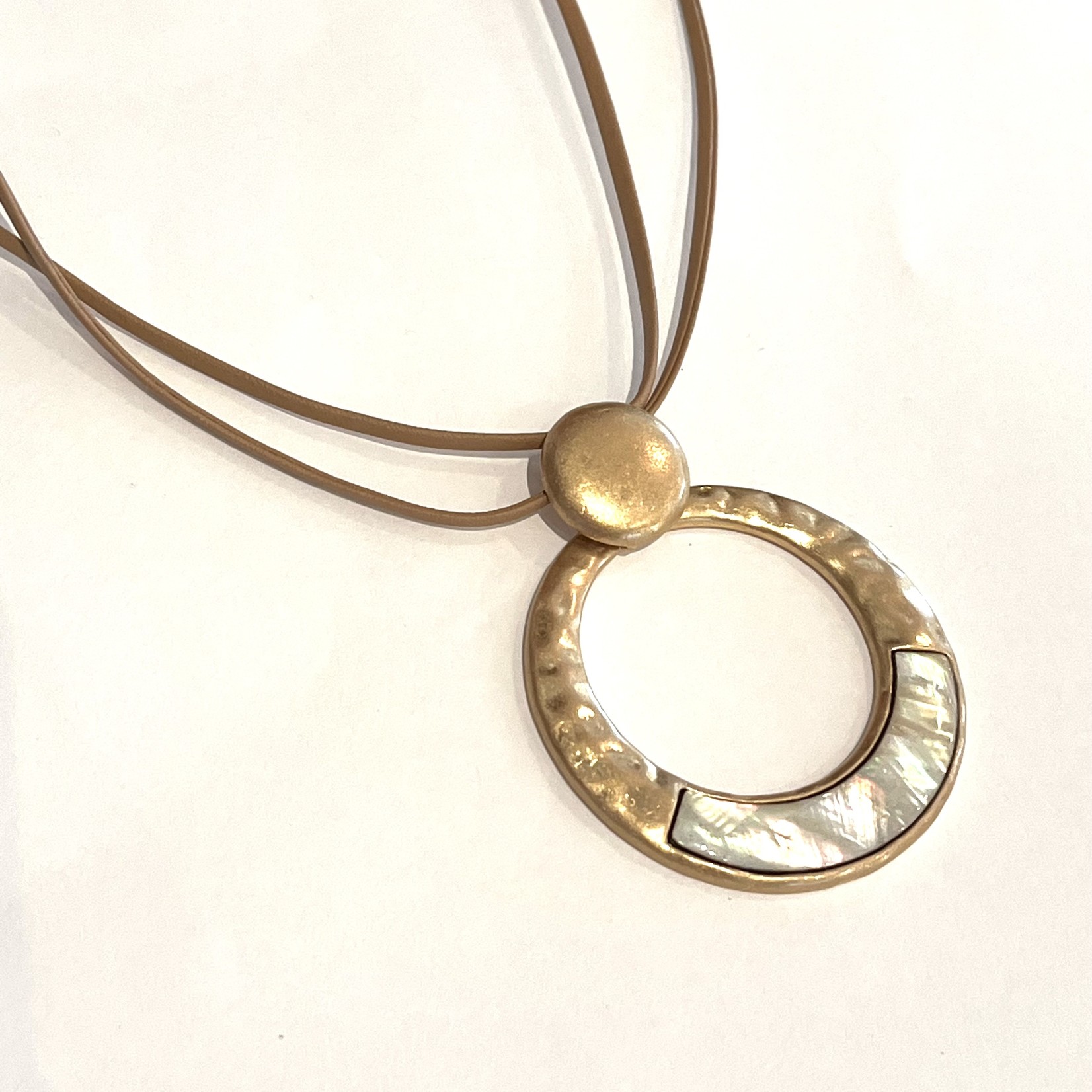 Long Vegan Leather Necklace Hammered Disc/Mother of Pearl