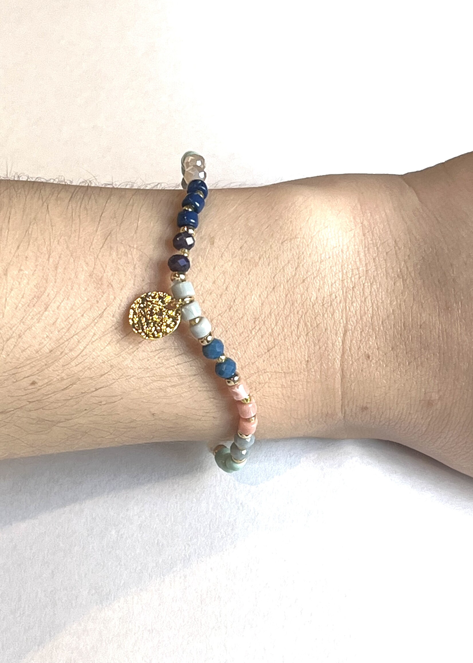 Multi Color Beaded Stretch Bracelet W/ Gold Charm