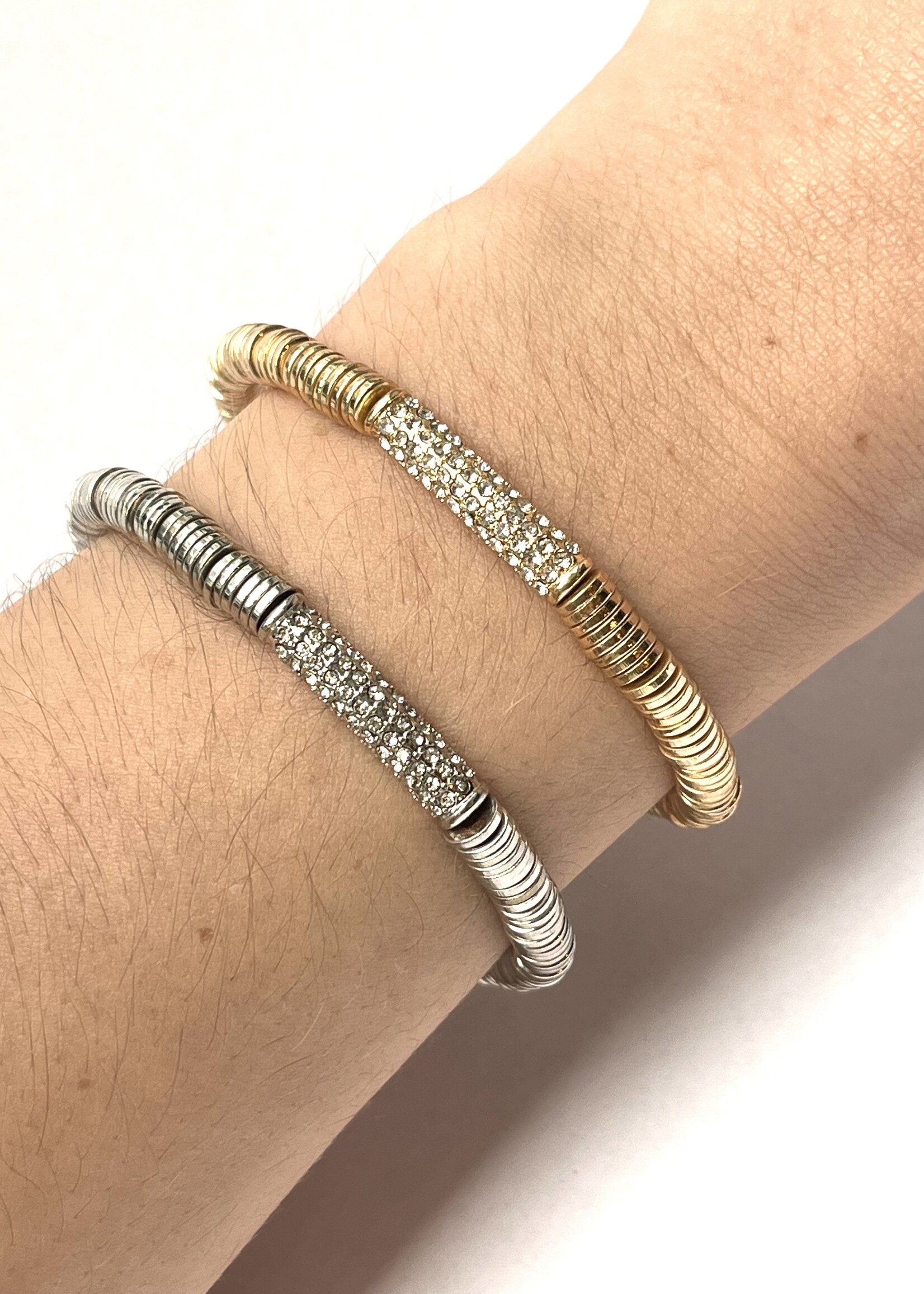 Flat Bead Stretch Bracelet Half CZ Barrel