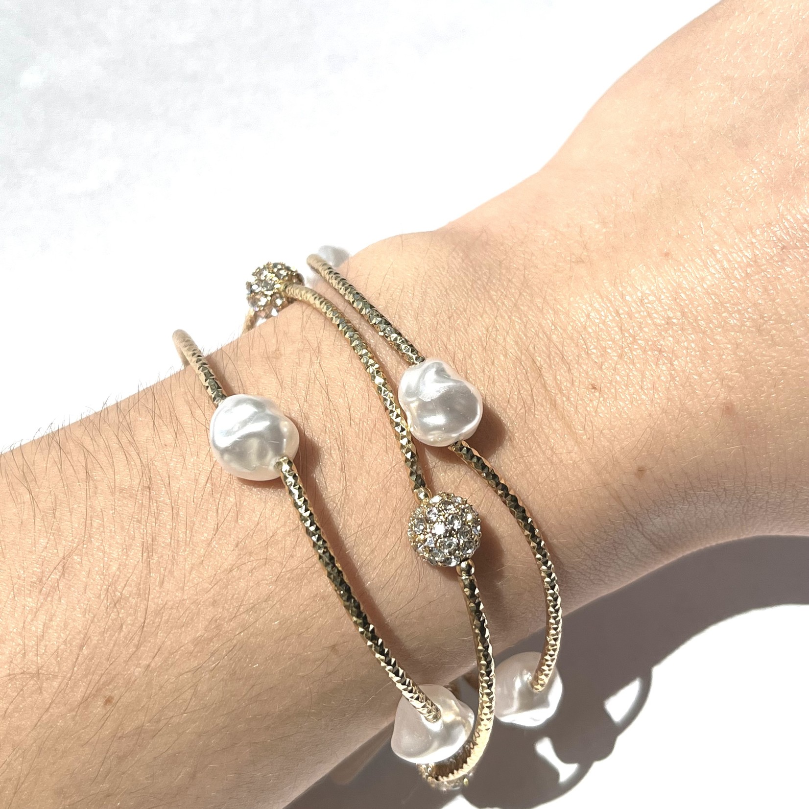 Set of 3 Gold Stretch Bracelets W/ Irregular Pearls & CZ Balls