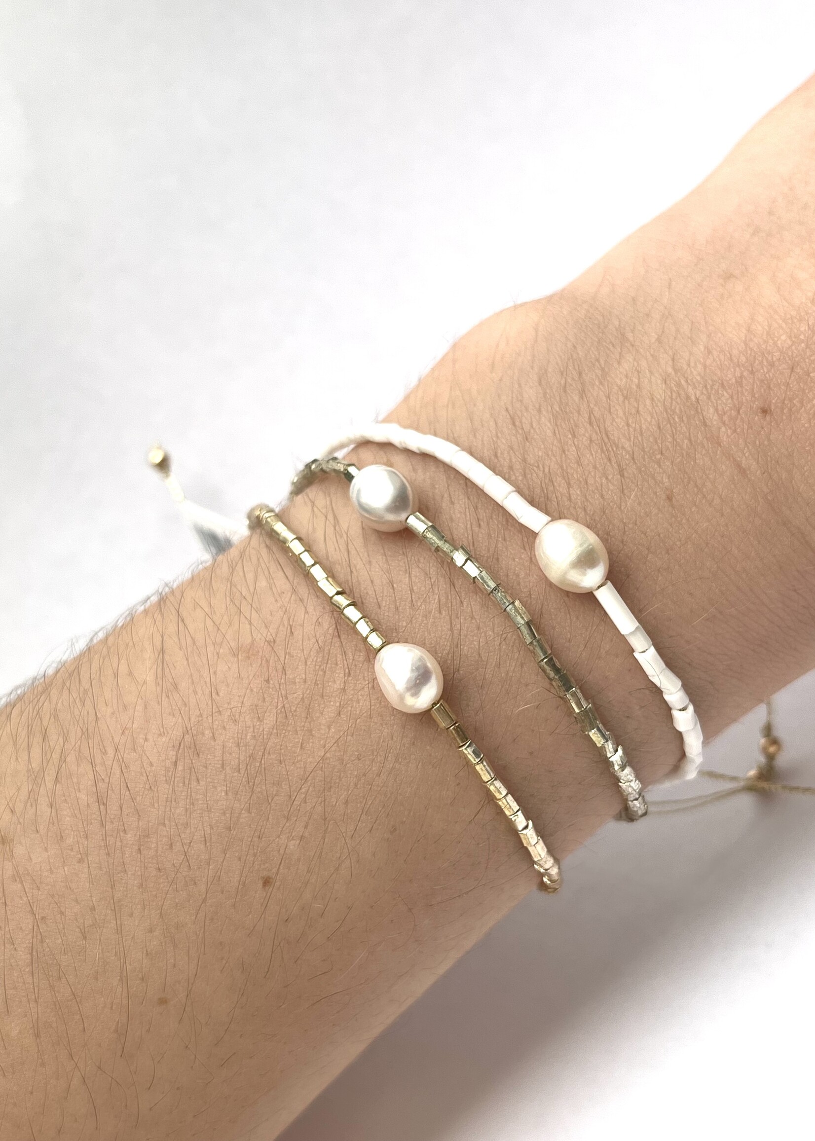 Tiny Beaded Pull Tie Bracelet W/ Single Pearl