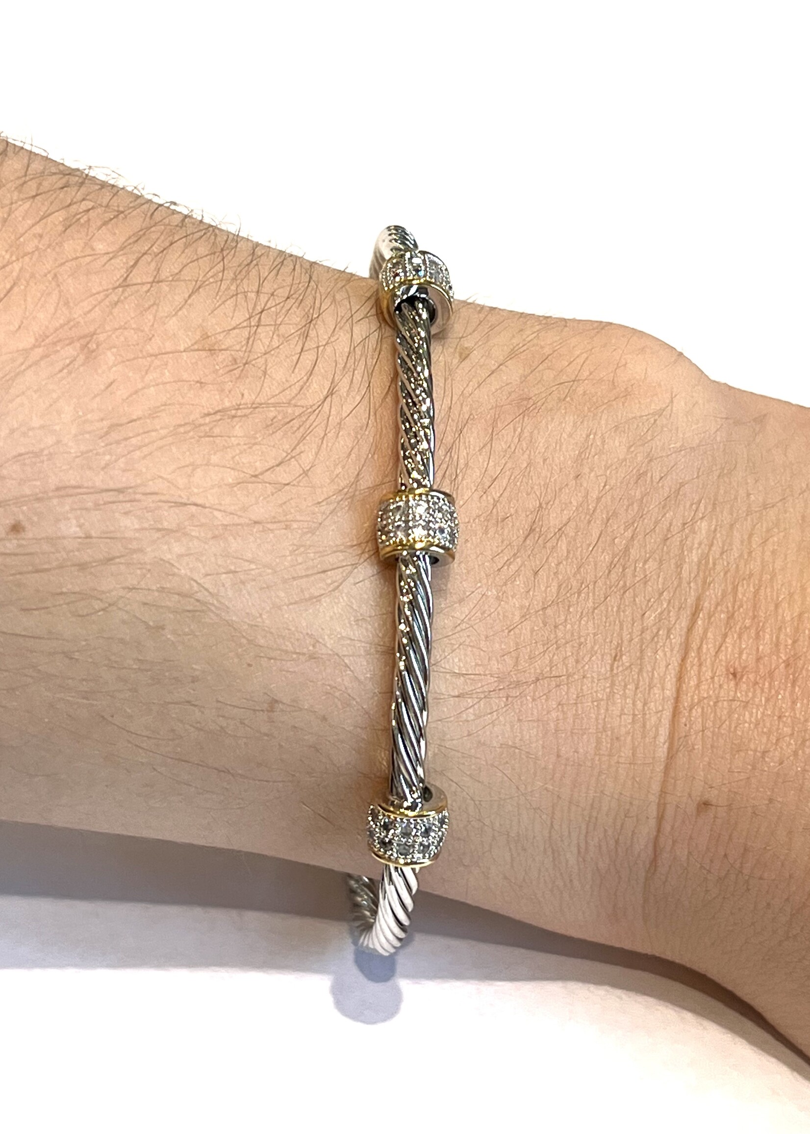 Silver Cable Chain Cuff W/ Gold Barrel and 2 Row CZ Center