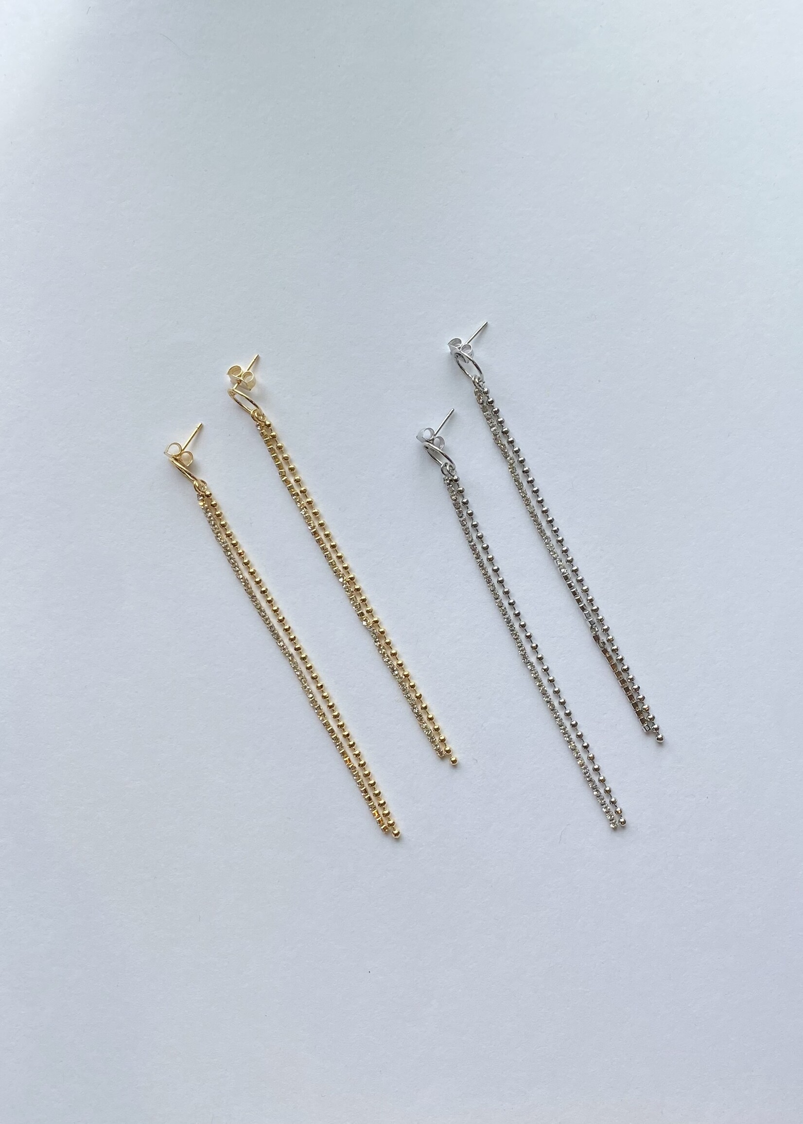 Open circle post earring w/ 2 cz & ball chain dangles