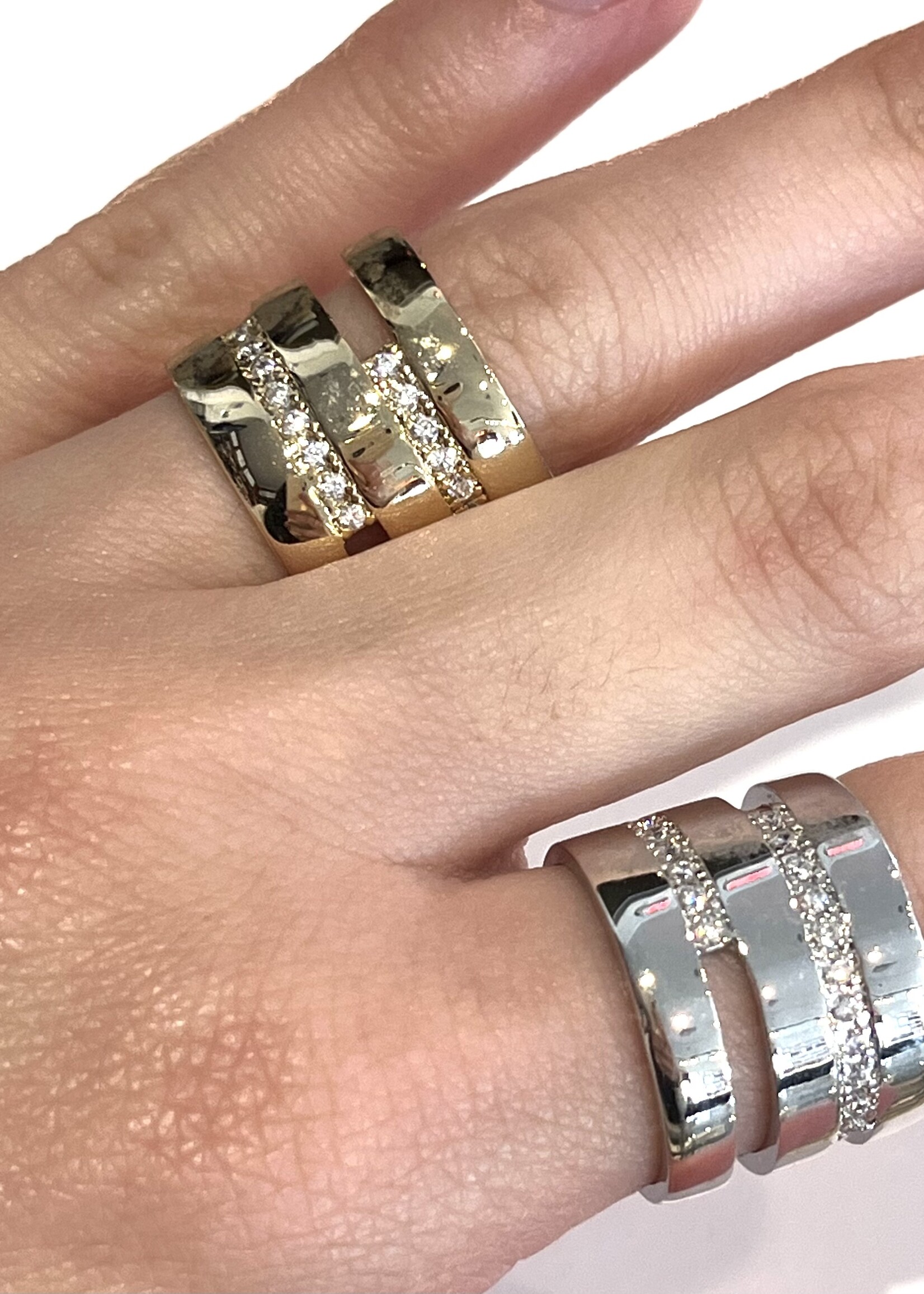 3 band ring w/ 2 rows off center CZ