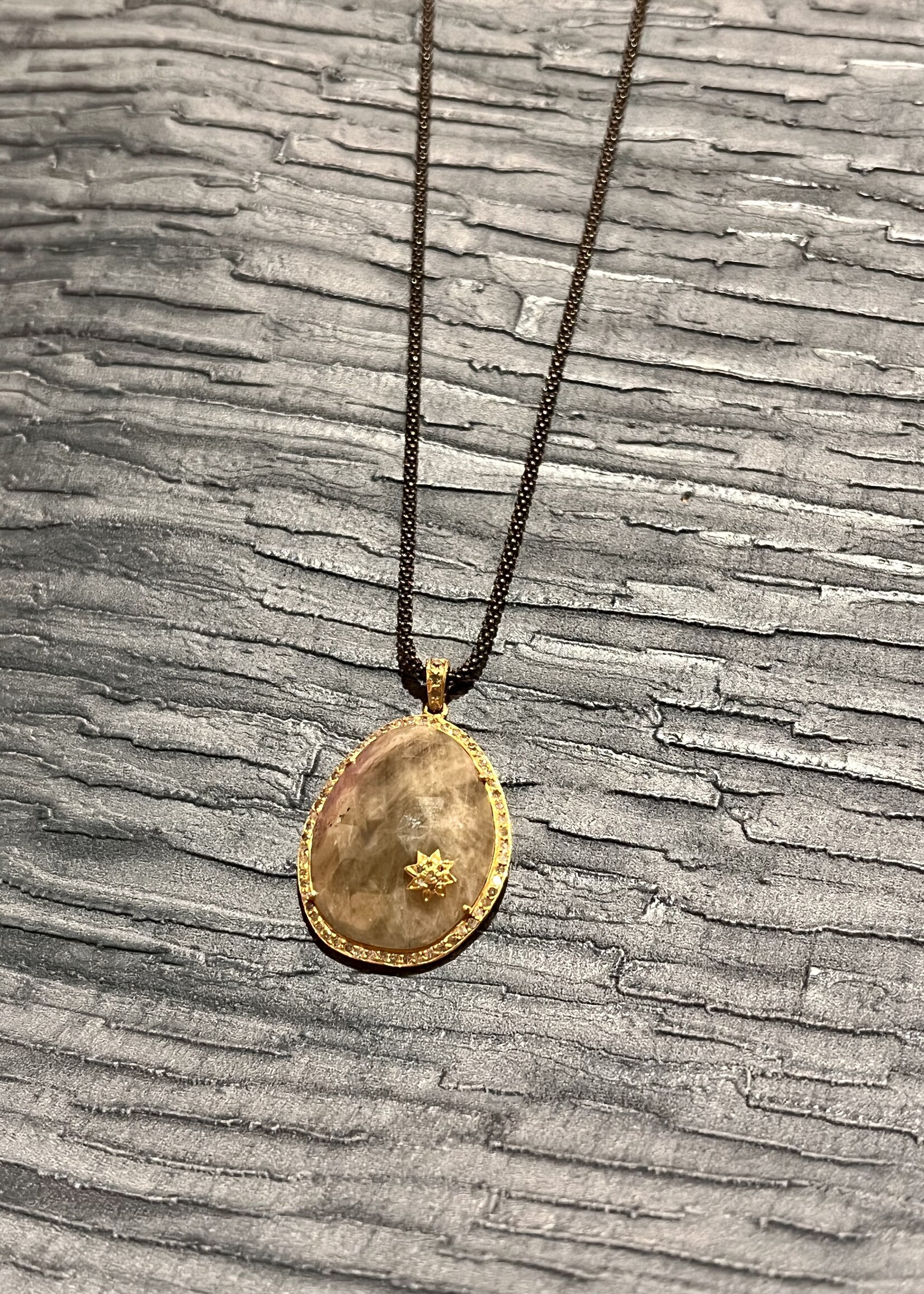 Oxidized silver chain w/ 14k gold accents & sapphire w/ pave champagne diamond outline & petite star inlay