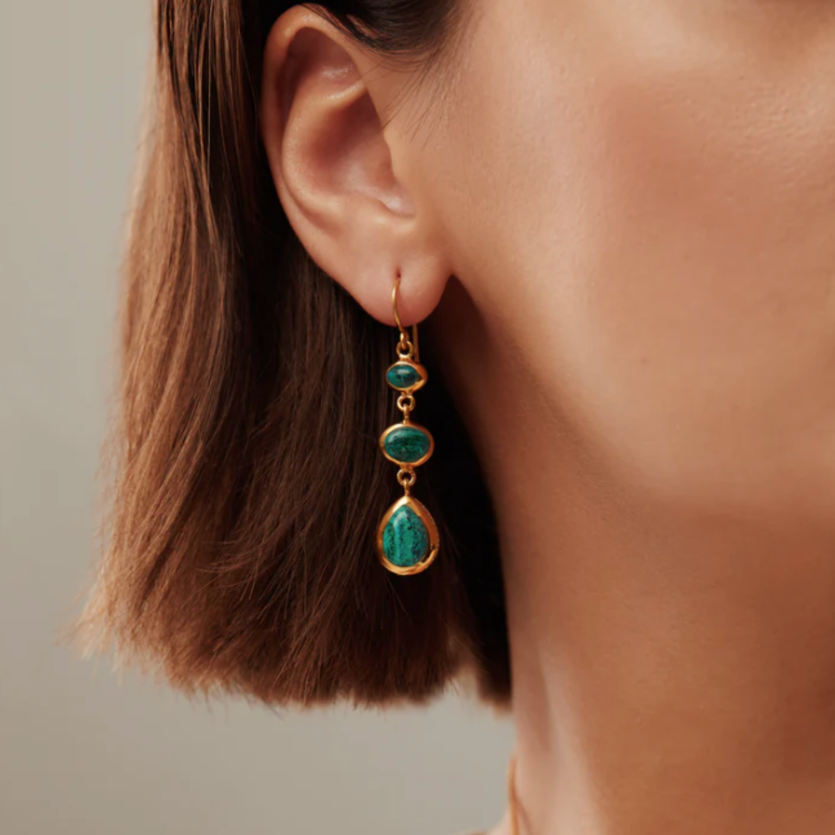 Malachite Chrysocolla Triple Drop Earrings 18k GP