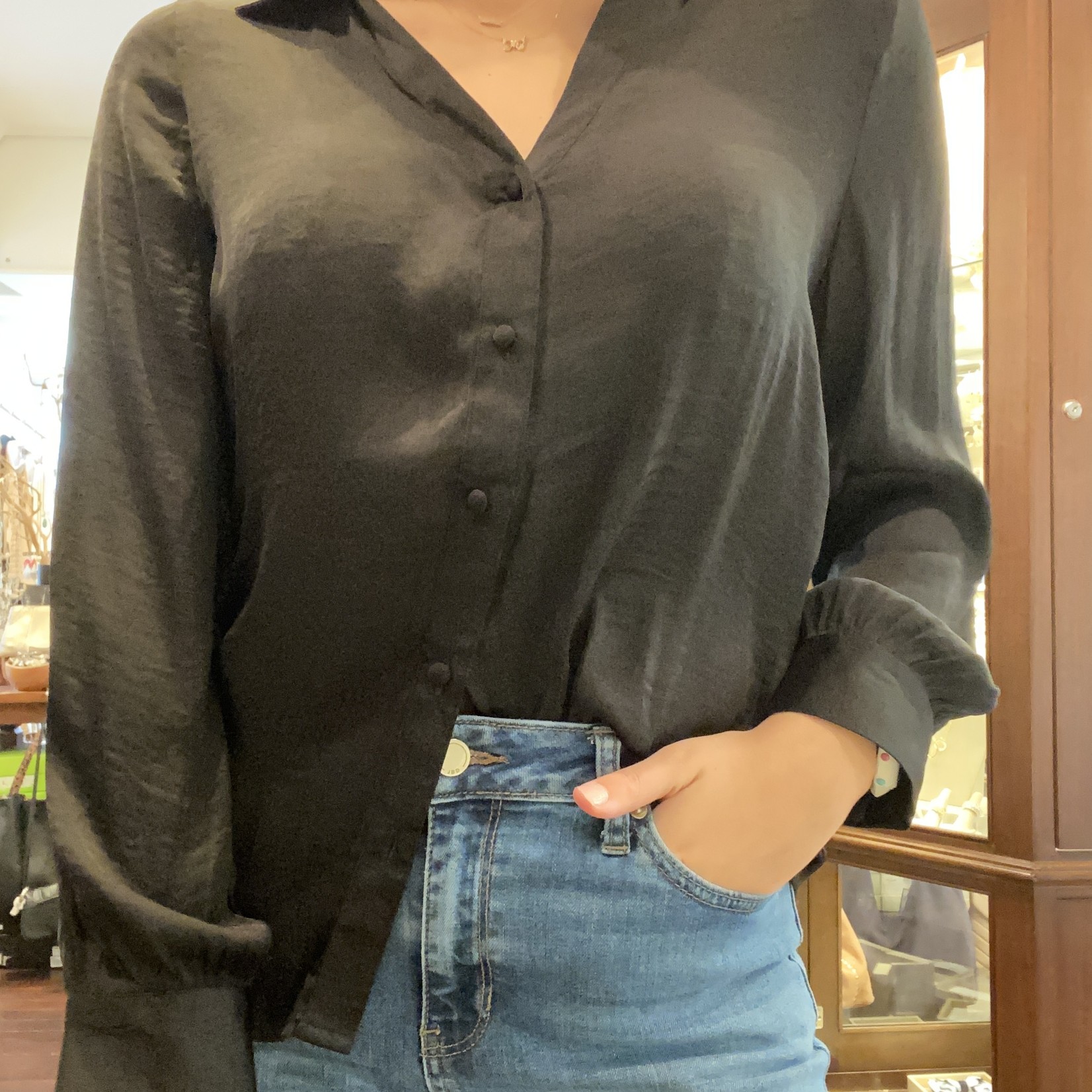 Longsleeve Satin V Neck Collared Blouse