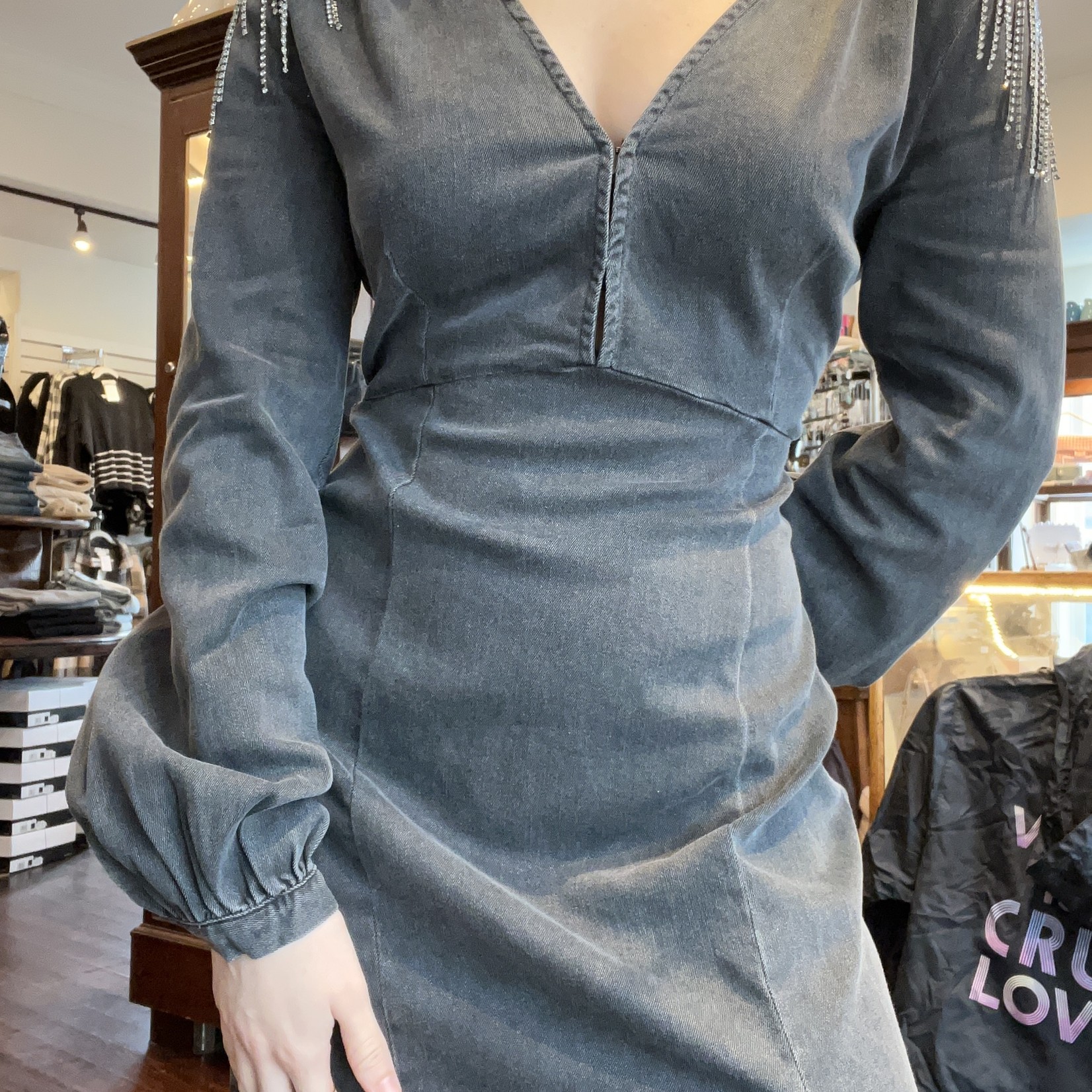 Long Sleeve Mini Dress w/ Silver Chain Shoulder Tassels