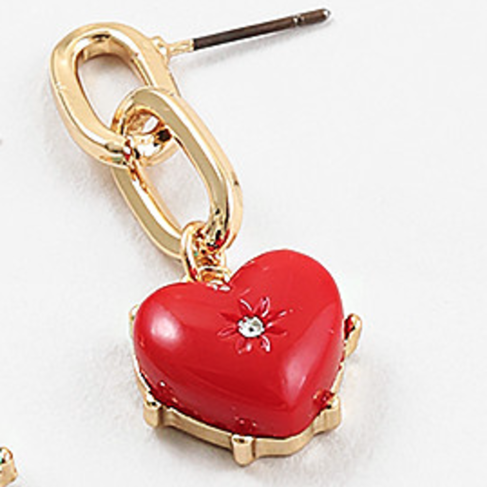 Red Enamel Heart Earrings on Gold Paperclip Chain