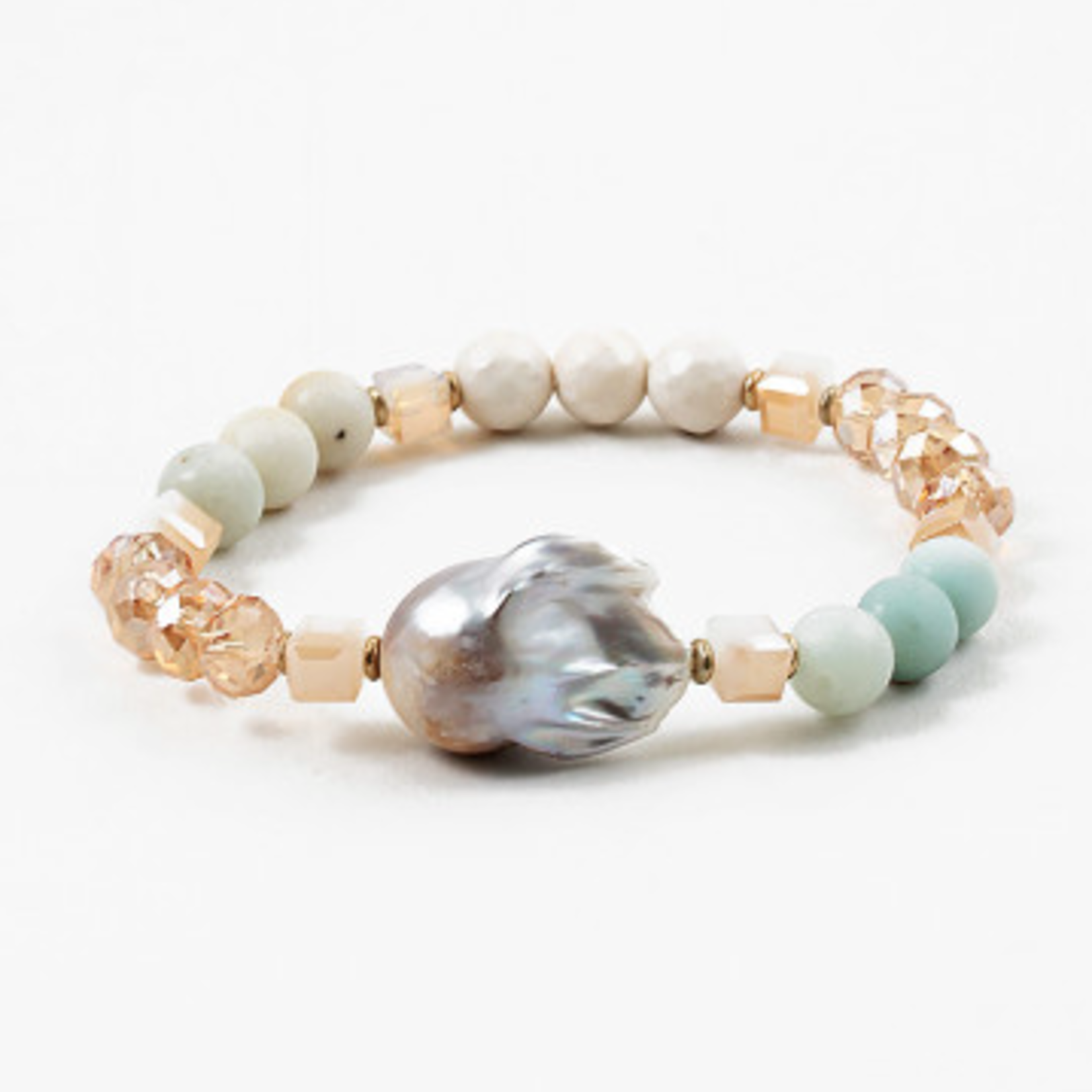 Mint and Champagne Beaded Bracelet w/ Baroque Pearl