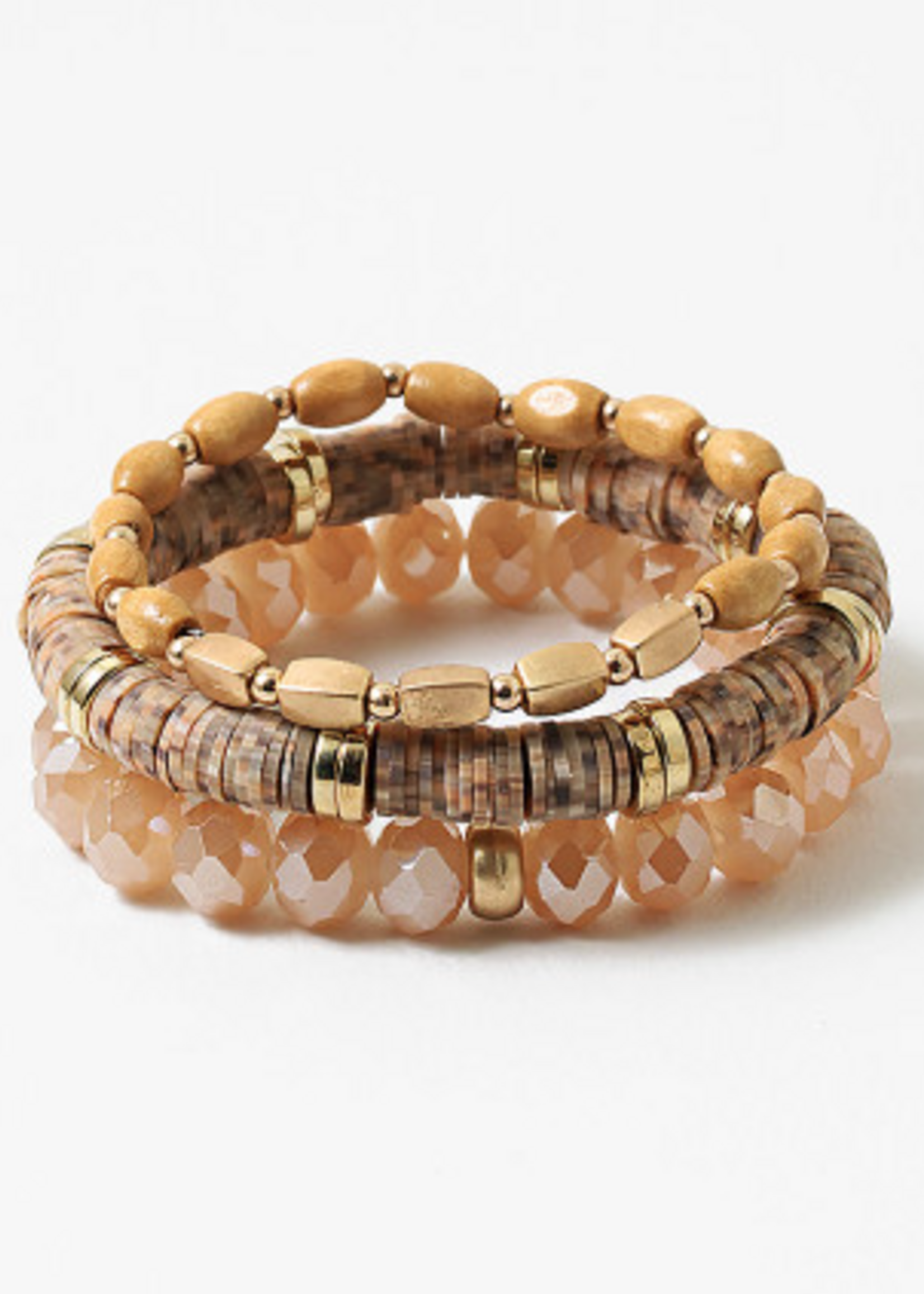 Set of 3 Bracelets - Peach, Brown, and Wood Beads