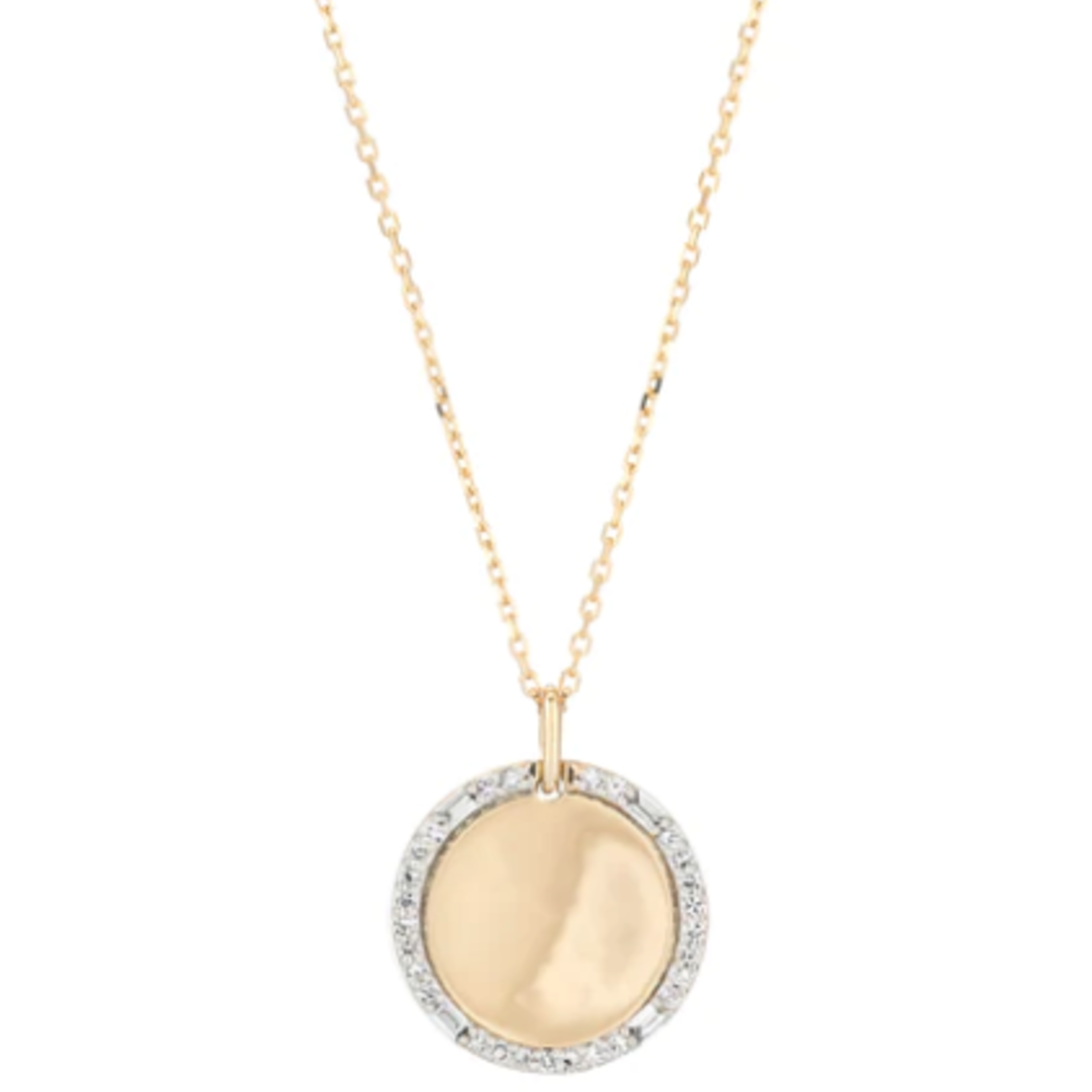 Round Pave + Baguette Dog Tag necklace 14k - disc w/ pave border