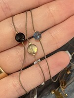 Pull Tie Bracelet With Round Labradorite, Blue Topaz or Onyx With Two Gold Beads On Each Side On Taupe Cord