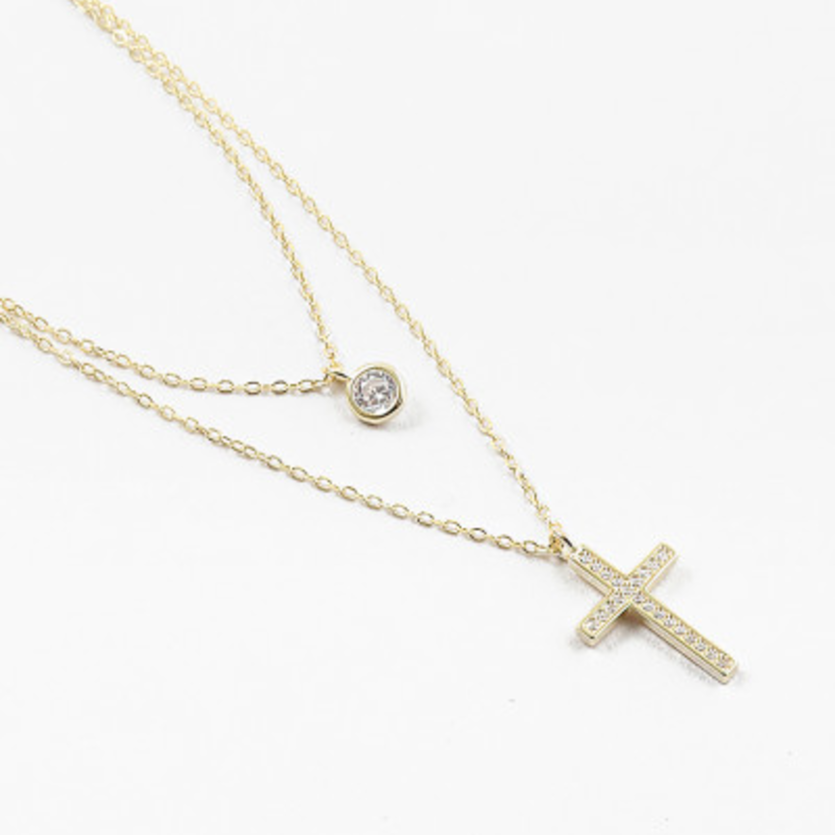 Gold Plated SS Layered Necklace w/ CZ Bezel and CZ Cross