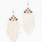 White Beaded Fringe Earrings w/ Multicolor Flowers