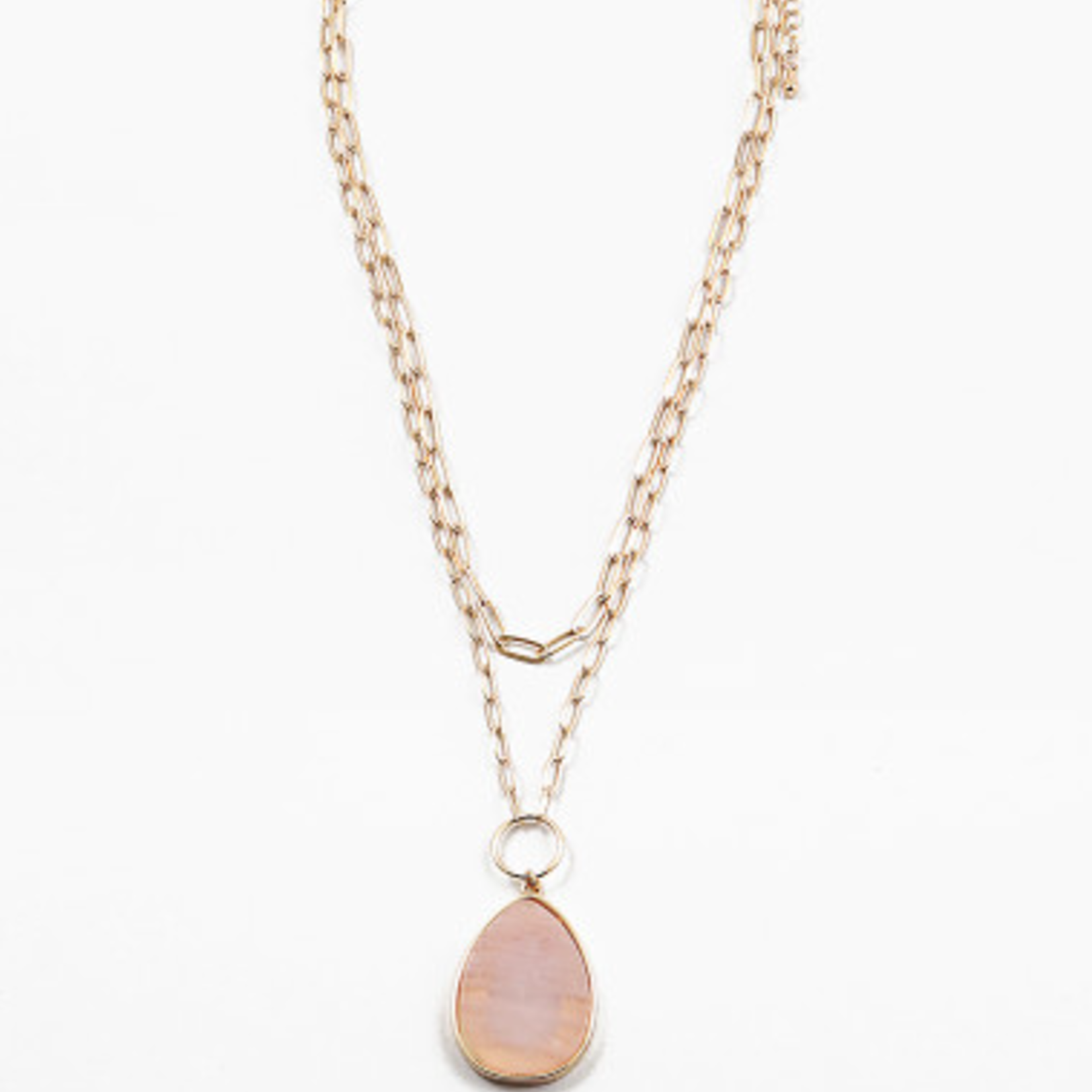 Gold Layered Necklace w Pink Stone Pendant