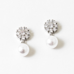 Silver CZ Flower Earrings w/ Pearl Drop