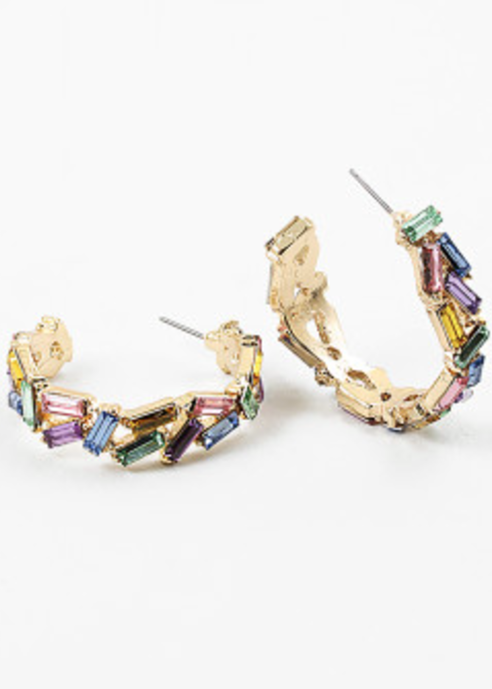 Pastel Rainbow Scattered Baguette Hoops Gold
