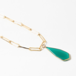 Gold Paperclip Necklace w/ Thin Green Drop