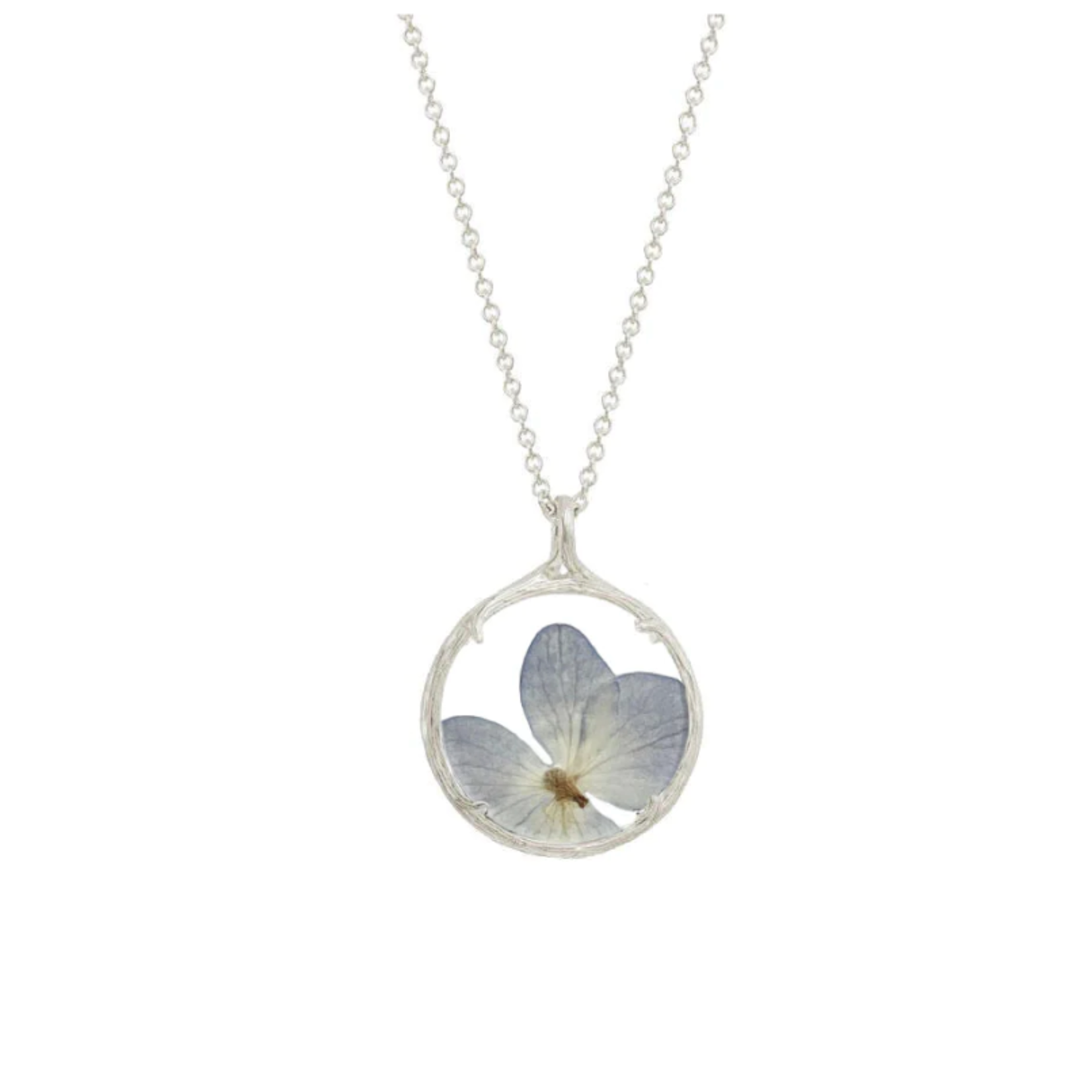 Small Botanical Necklace Blue Hydrangea, Sterling Silver