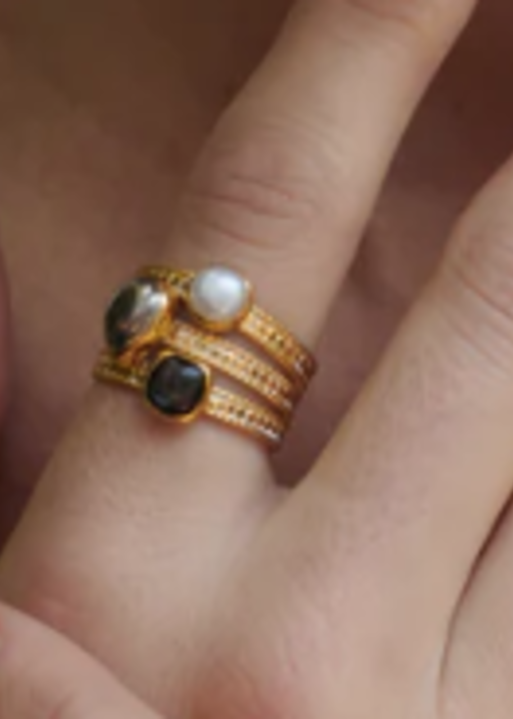 Hypersthene, Pyrite, & Pearl Faux Stacking Ring