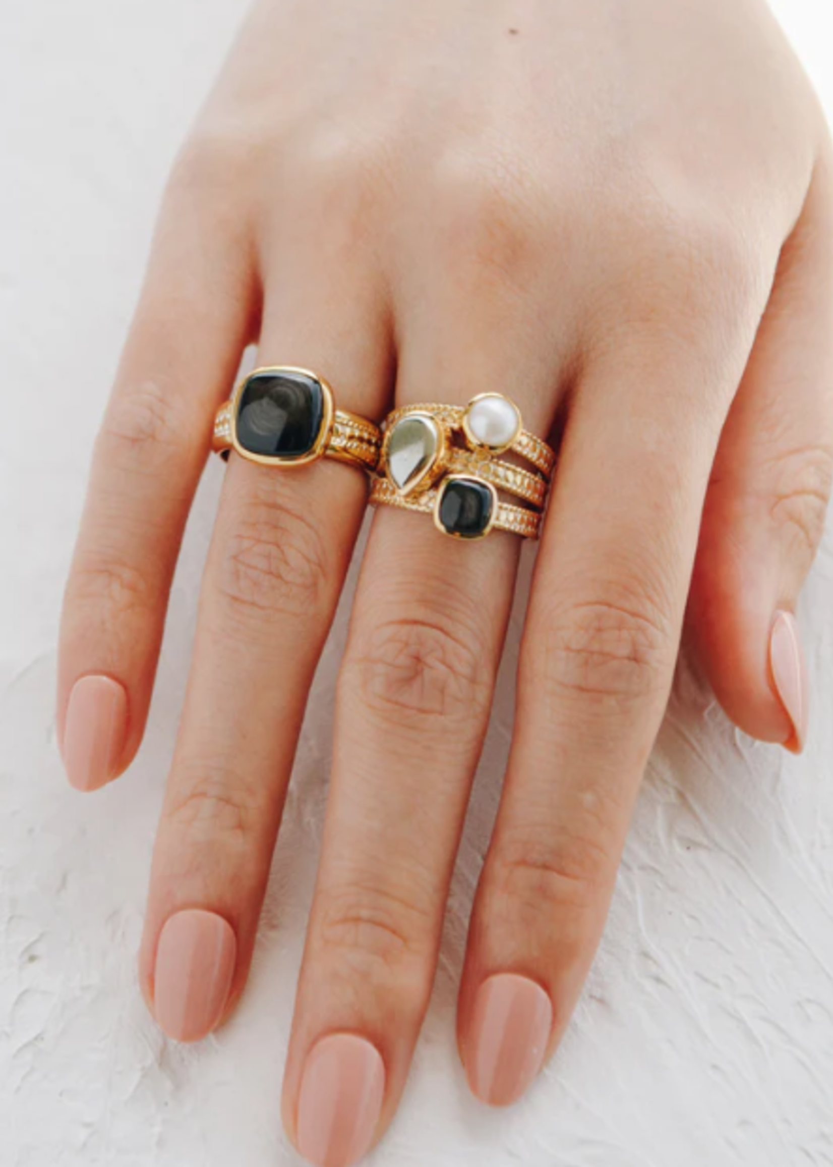 Hypersthene, Pyrite, & Pearl Faux Stacking Ring