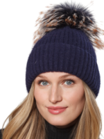 Wool & Angora Blend Ribbed Knit Beanie w/ Pom Pom